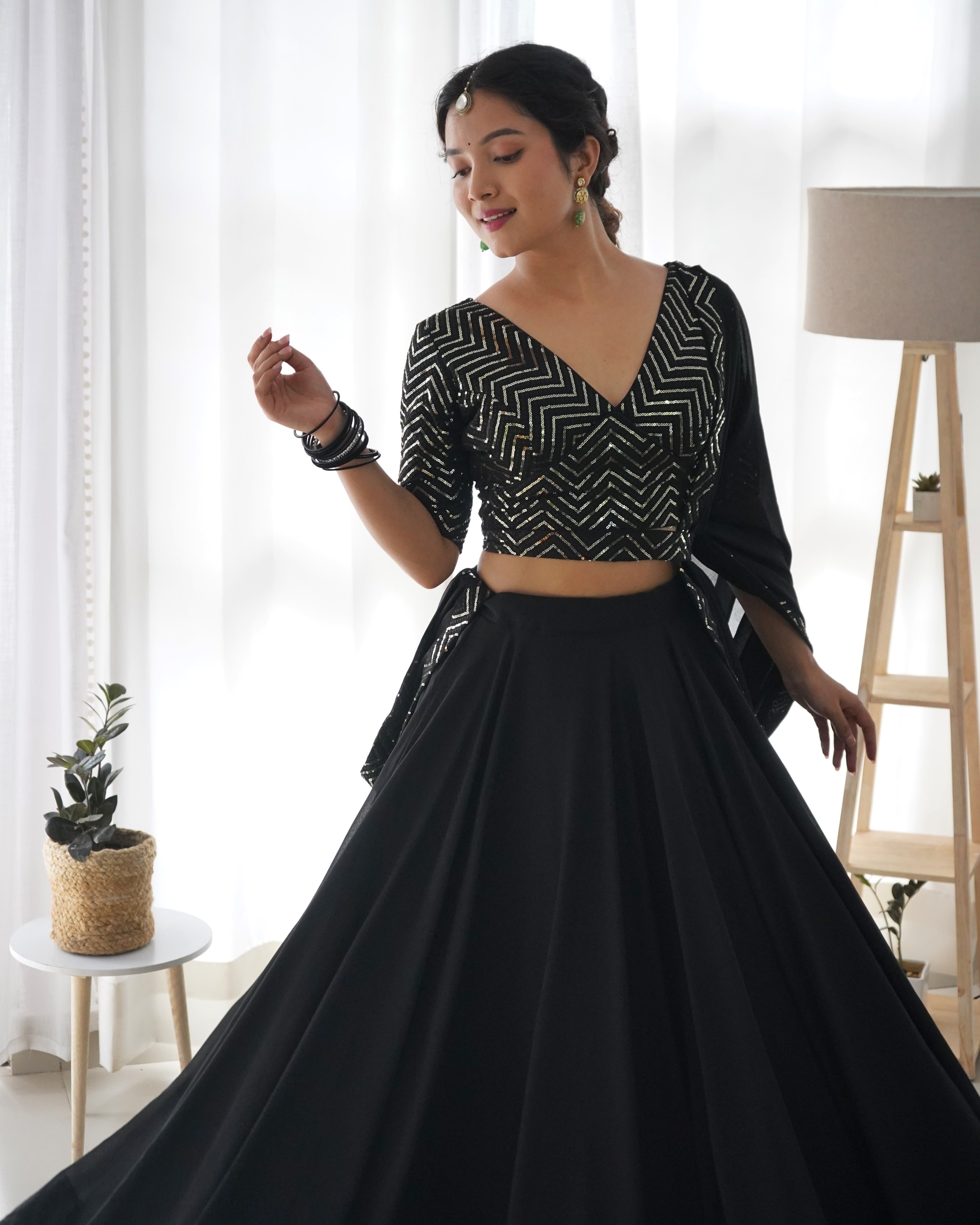 Classy Black Color Fully Flaired Faux Georgette Base Fully Stitched Lehenga Choli Set