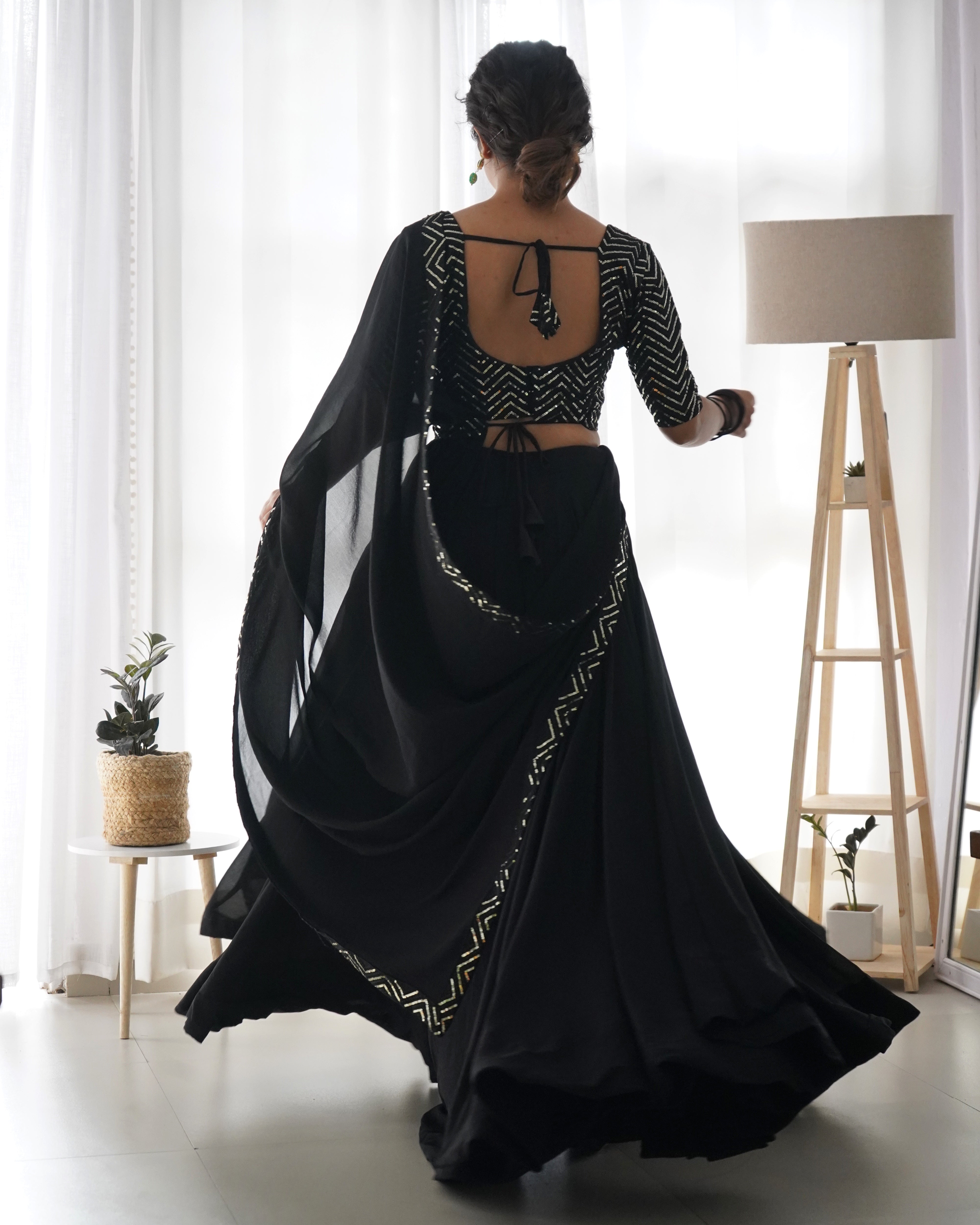 Classy Black Color Fully Flaired Faux Georgette Base Fully Stitched Lehenga Choli Set