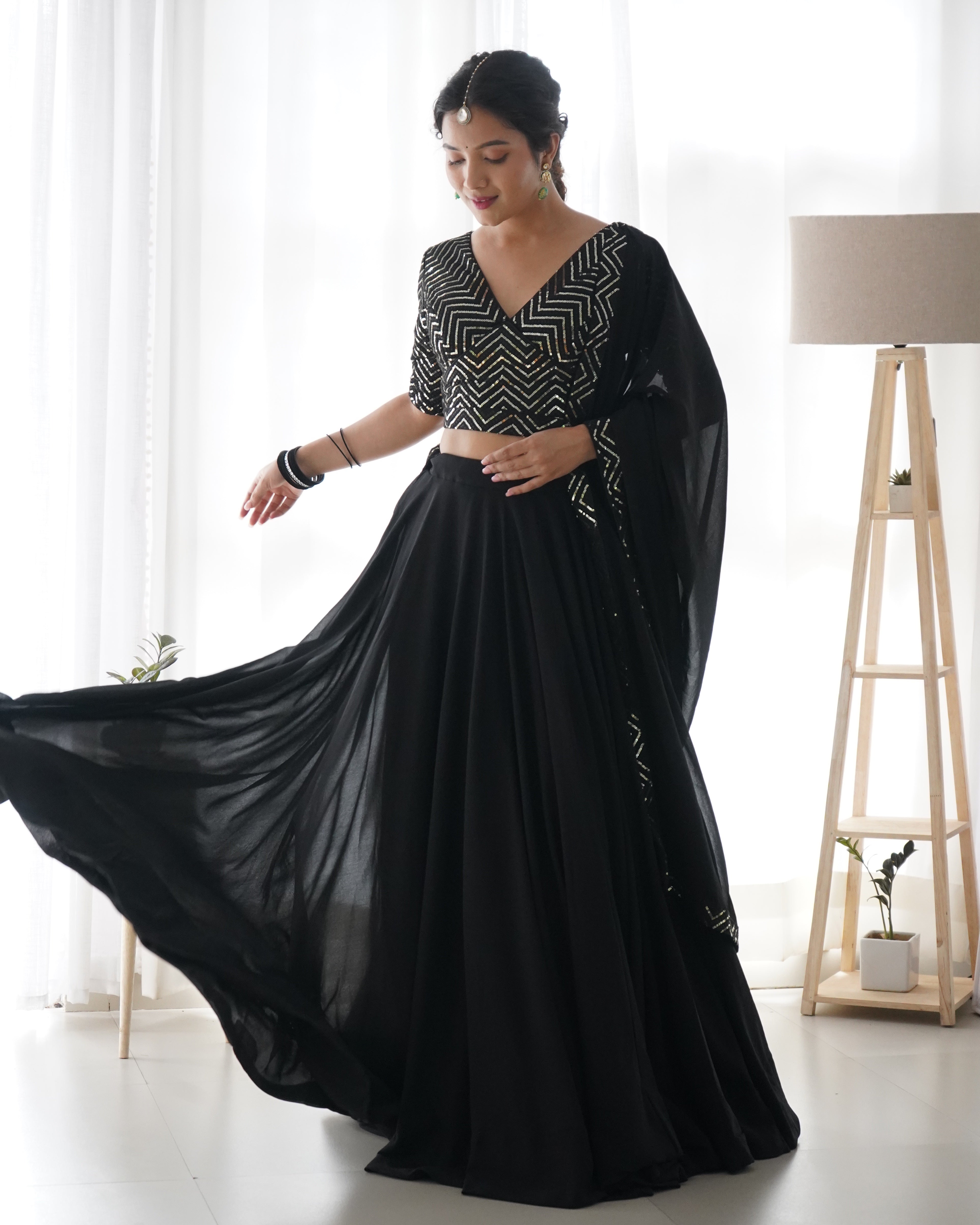 Classy Black Color Fully Flaired Faux Georgette Base Fully Stitched Lehenga Choli Set