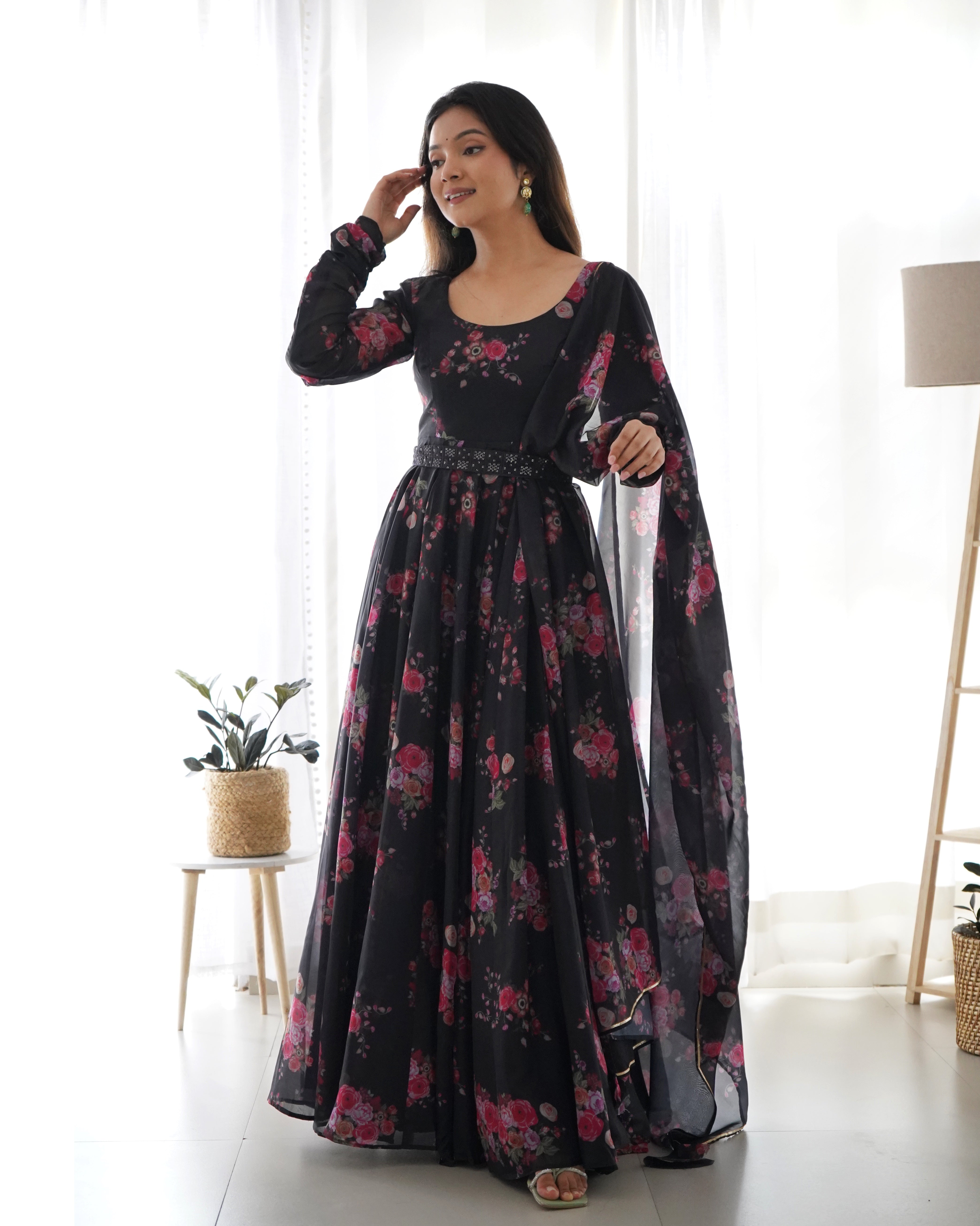 Beautiful Anarkali in Organza Silk Base Multi Floral Printed Work Designer Suit