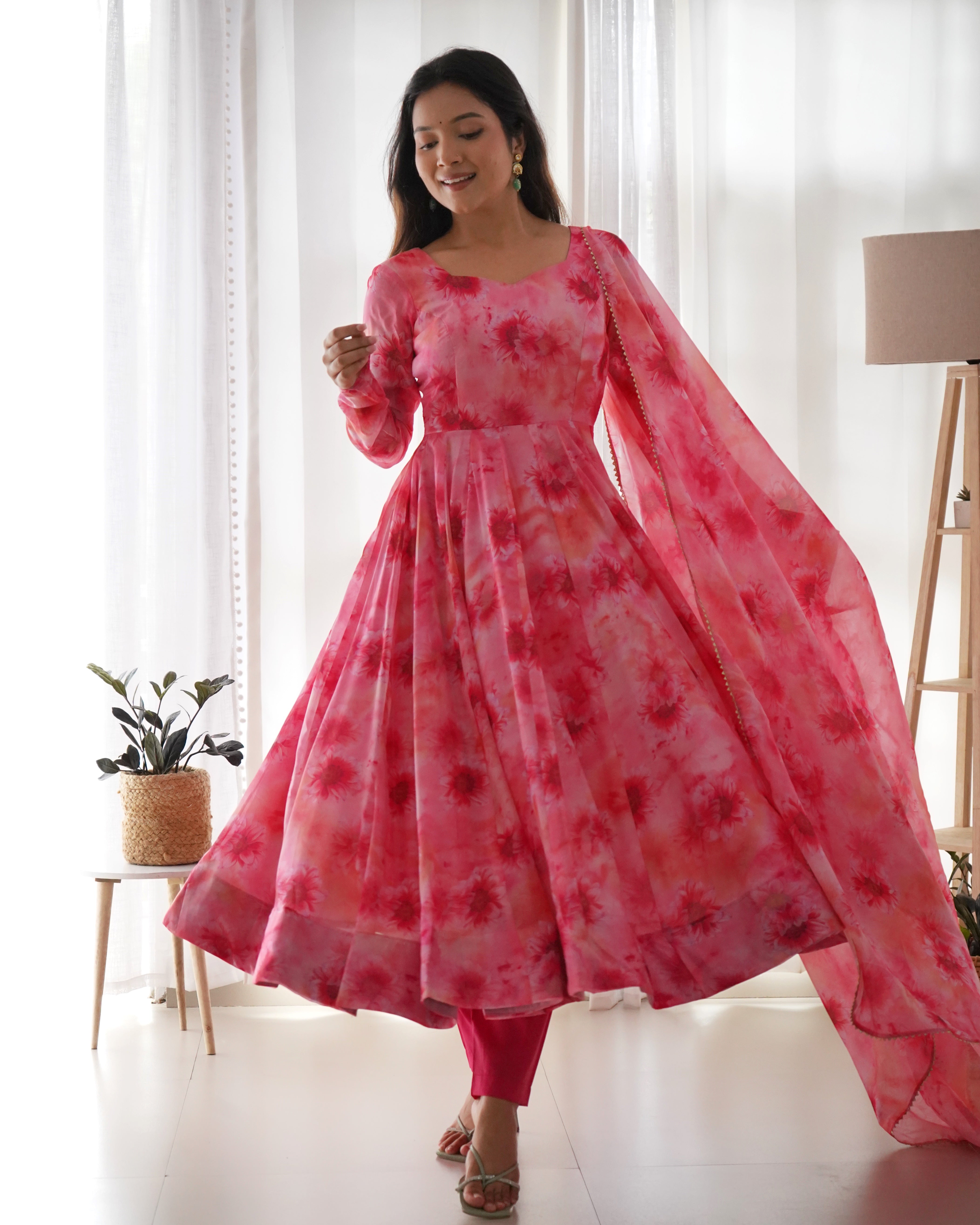 Pretty Pink Dusty Floral Anarkali in Organza Silk Base Multi Floral Printed Work Designer Suit