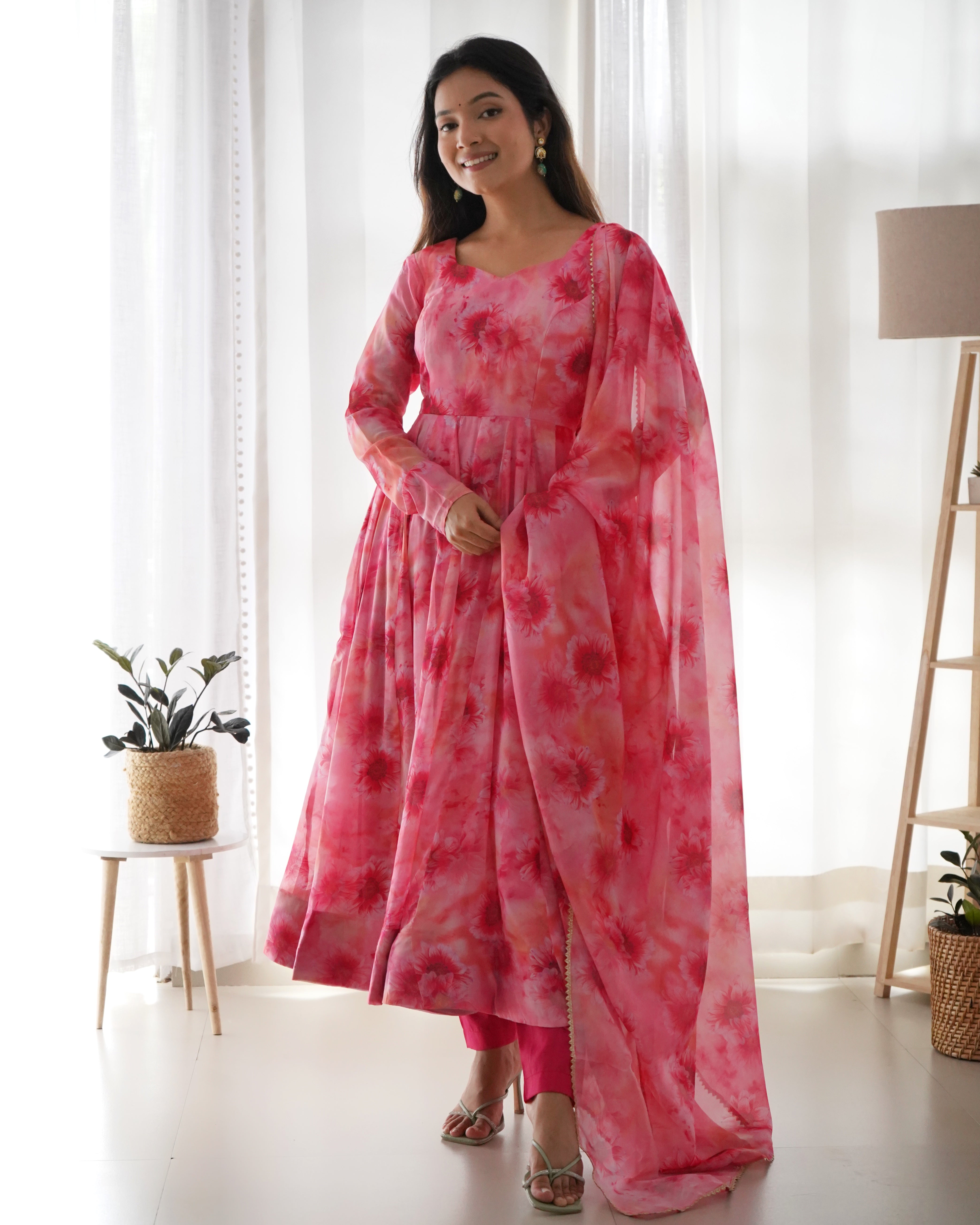 Pretty Pink Dusty Floral Anarkali in Organza Silk Base Multi Floral Printed Work Designer Suit