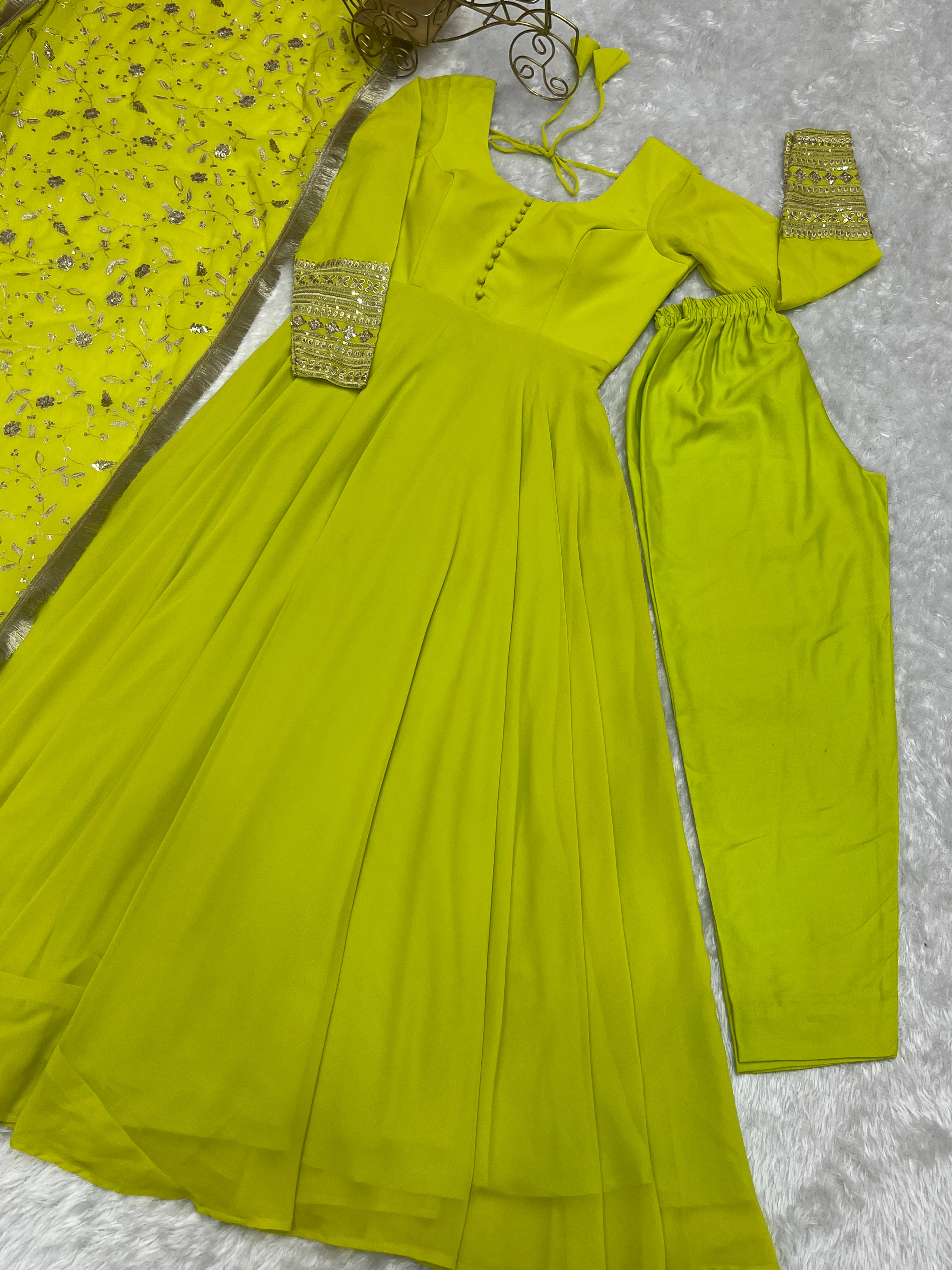 Liril Neon Color Base Flairy Anarkali Suit with Pant and Dupatta Set for Upcoming Functions and Weddings