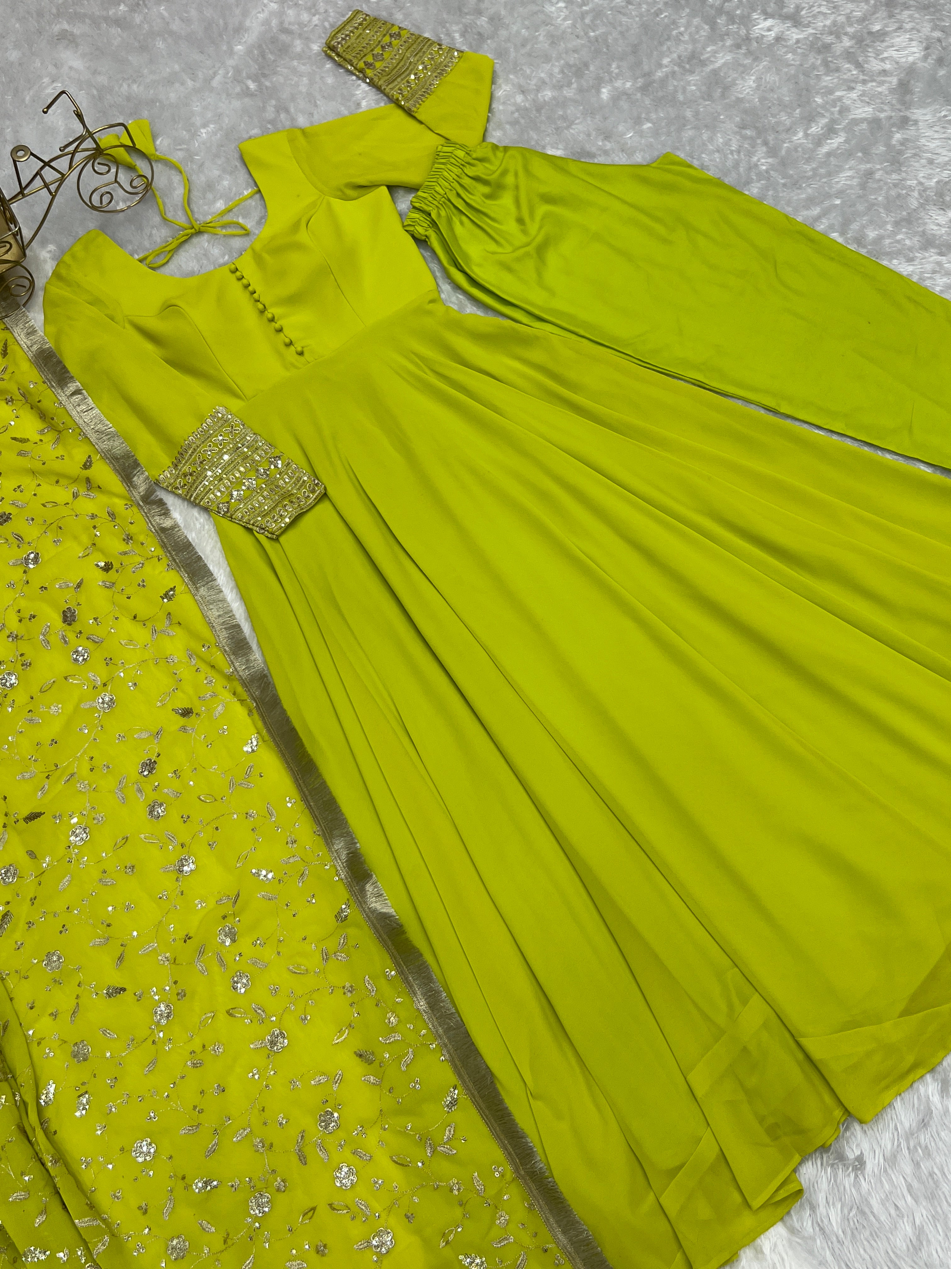 Liril Neon Color Base Flairy Anarkali Suit with Pant and Dupatta Set for Upcoming Functions and Weddings