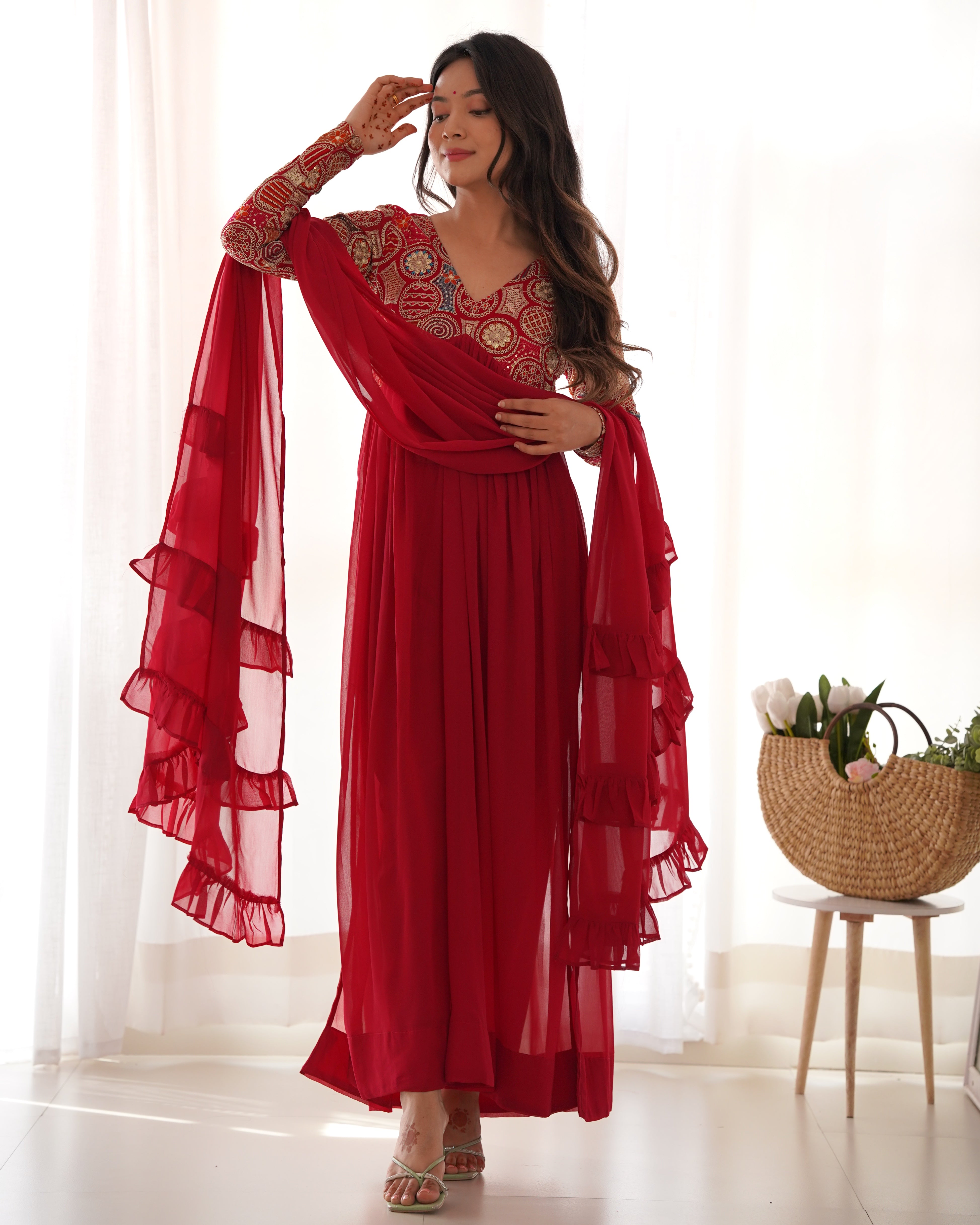red alia cut dress Printed Red Alia Cut Dress with Full Sleeves and Flowy