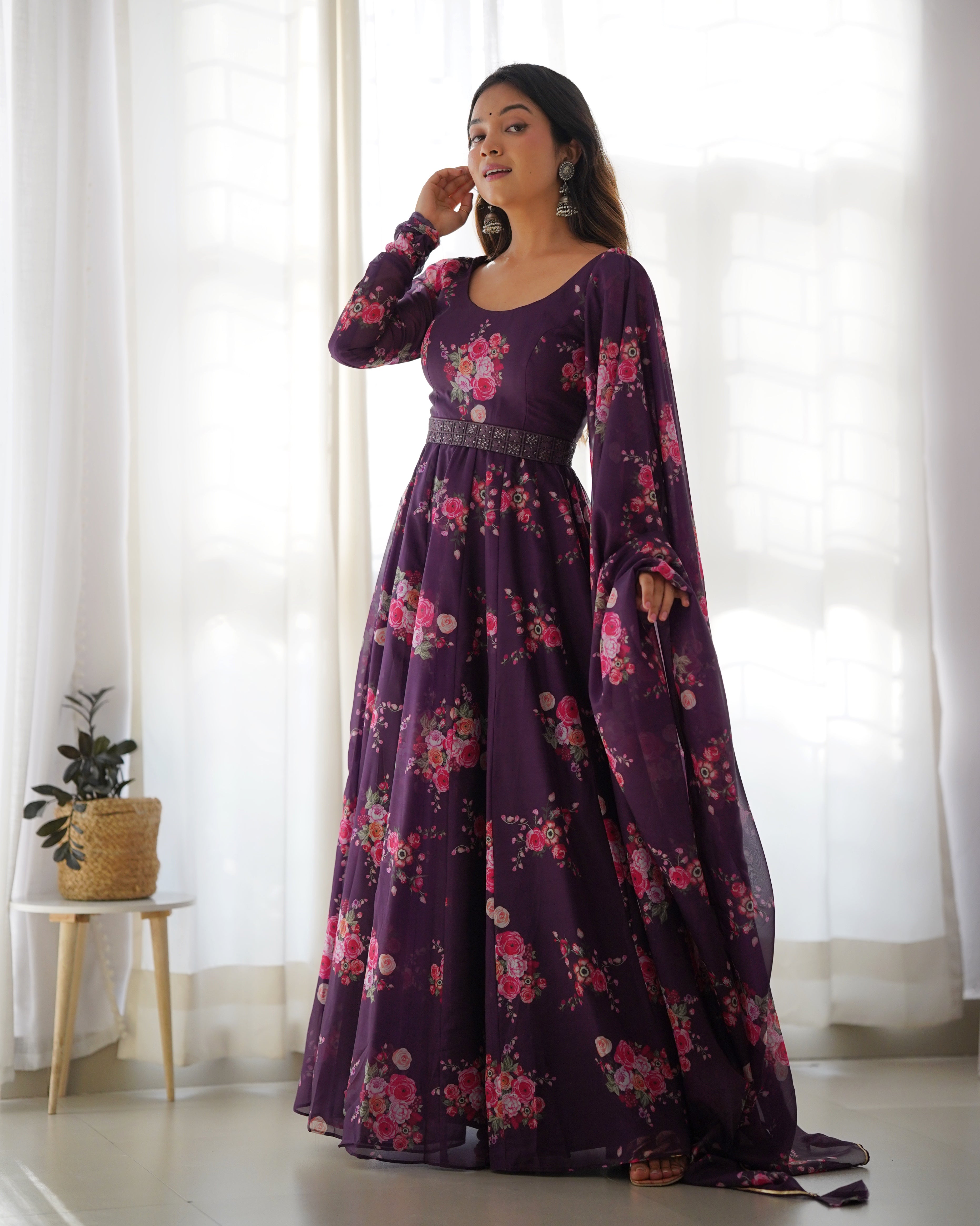 Beautiful Anarkali in Organza Silk Base Multi Floral Printed Work Designer Suit