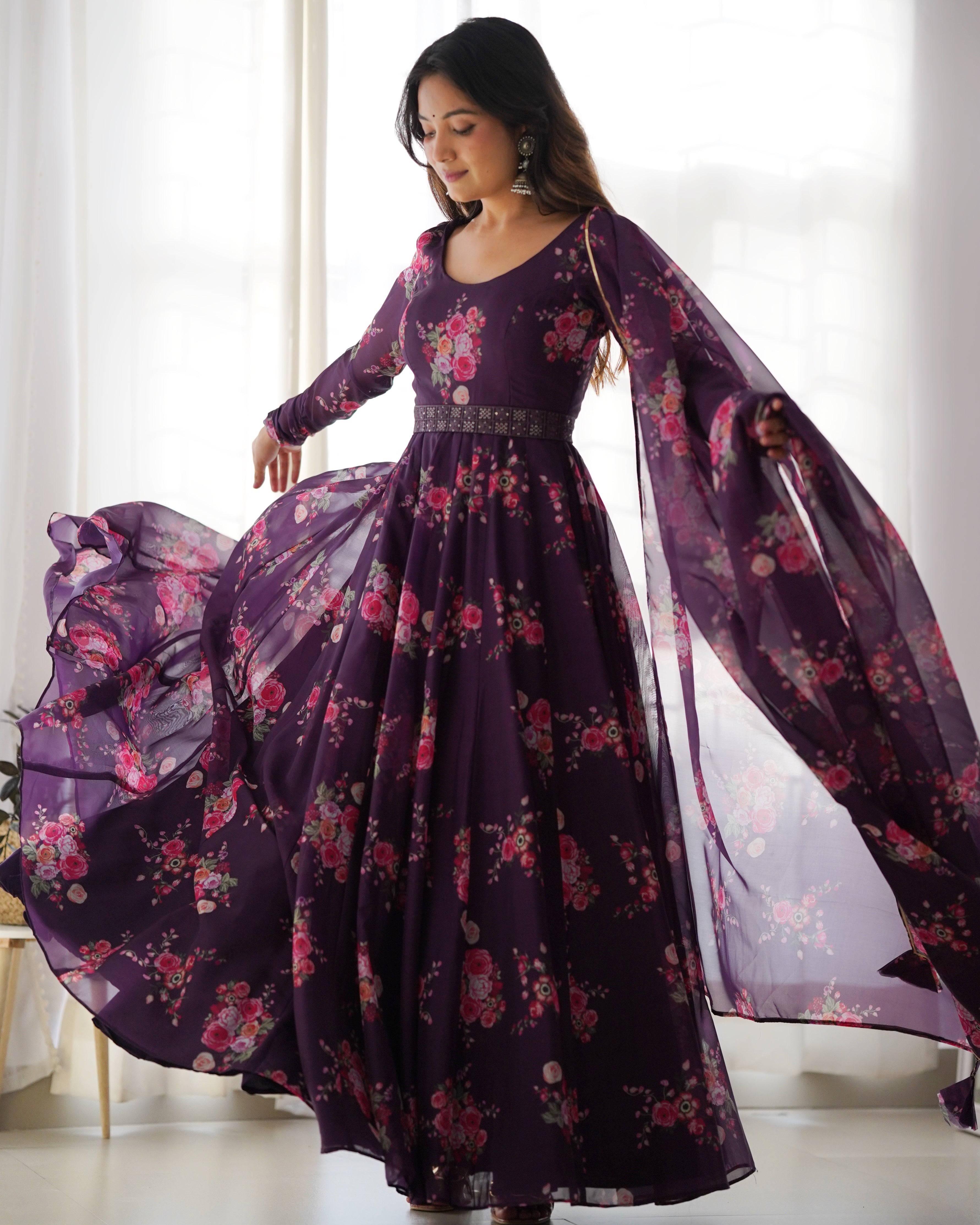 Beautiful Anarkali in Organza Silk Base Multi Floral Printed Work Designer Suit