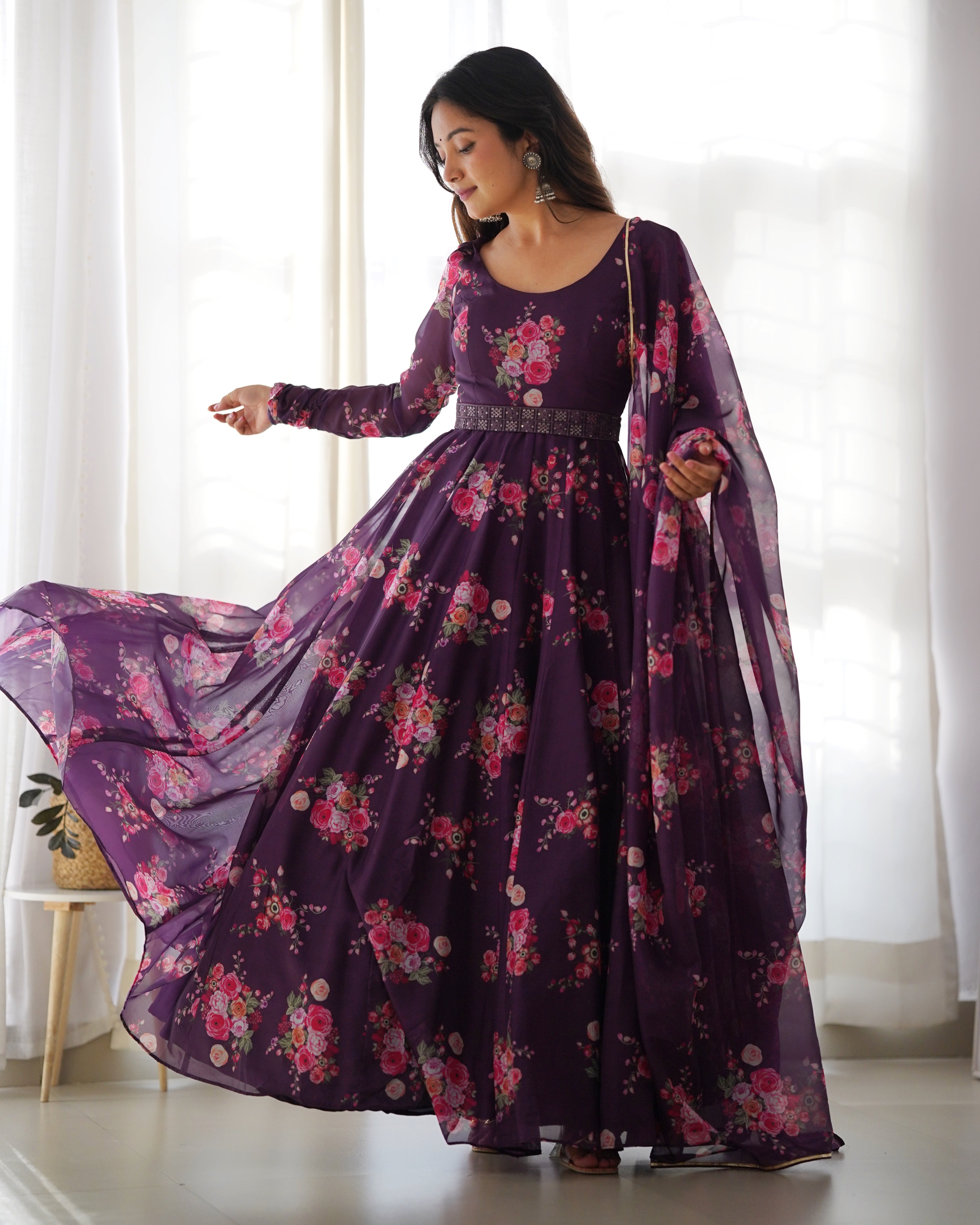 Beautiful Anarkali in Organza Silk Base Multi Floral Printed Work Designer Suit