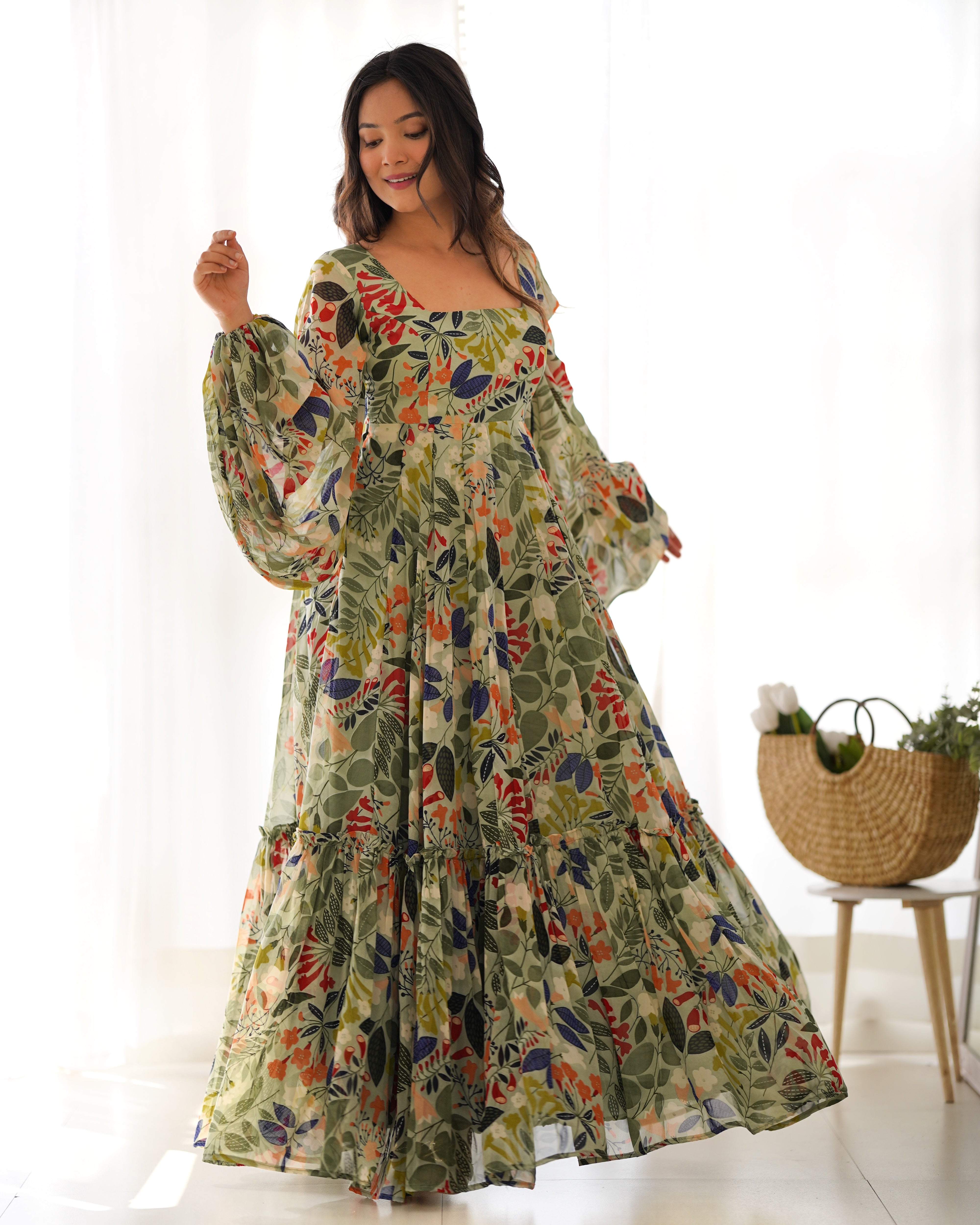 Pretty Maxi Gown in Faux Georgette Base Floral Multi Printed Work Designer Suit for Party, Outing, Holidays and Functions