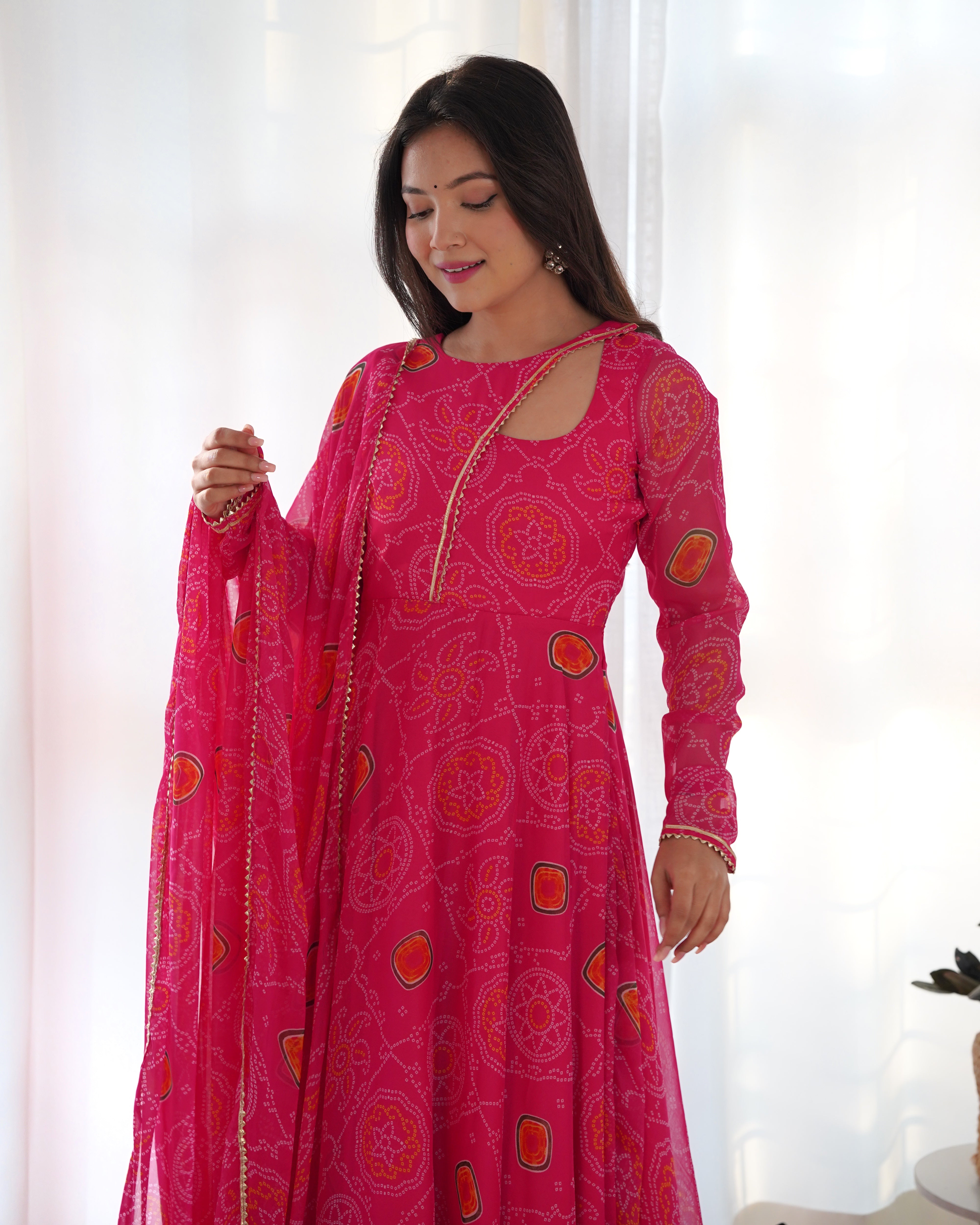 Bandhe Print in Pretty Pink Color Anarali in Soft Chiffon Base Digital Printed Work Designer Suit