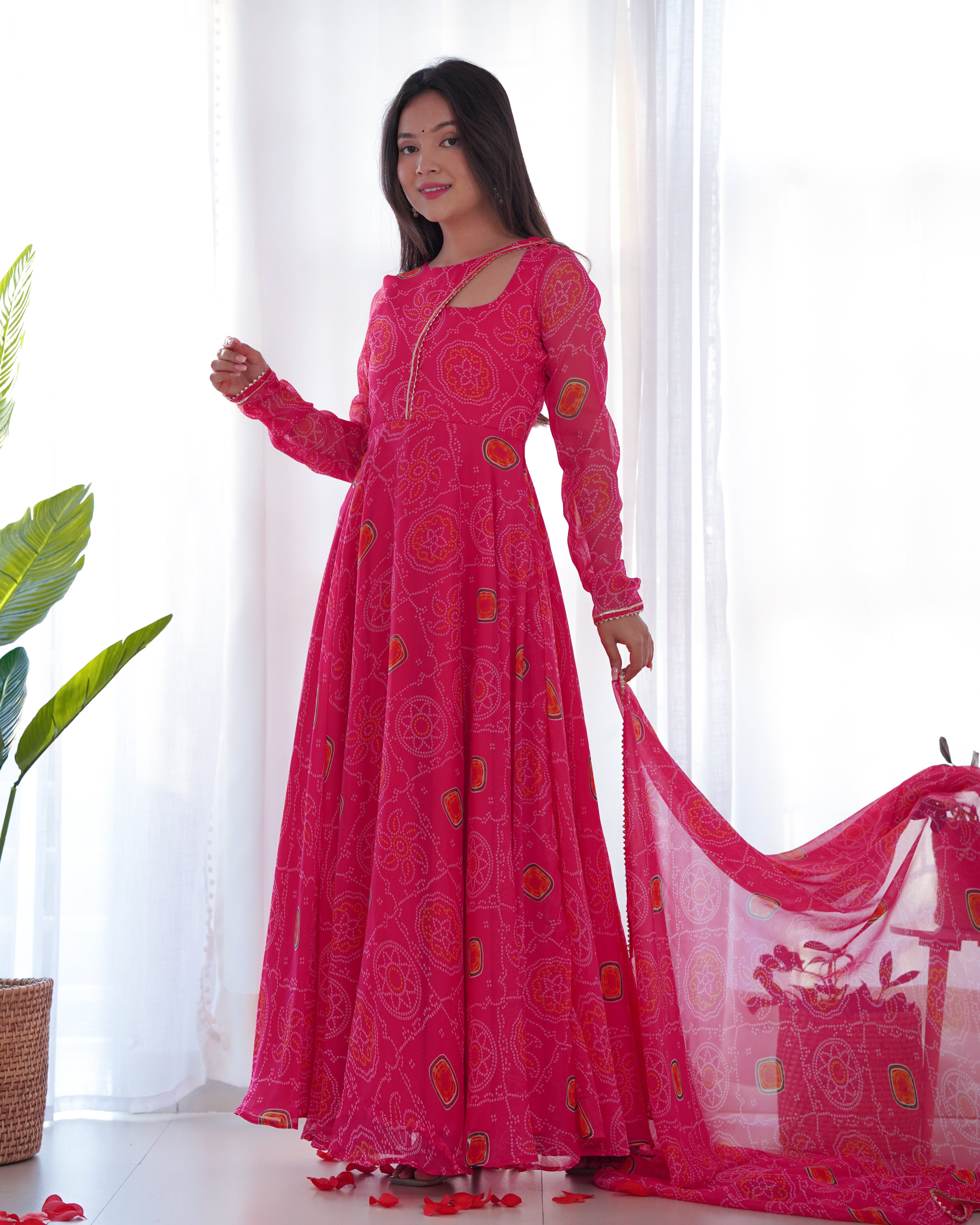 Bandhe Print in Pretty Pink Color Anarali in Soft Chiffon Base Digital Printed Work Designer Suit