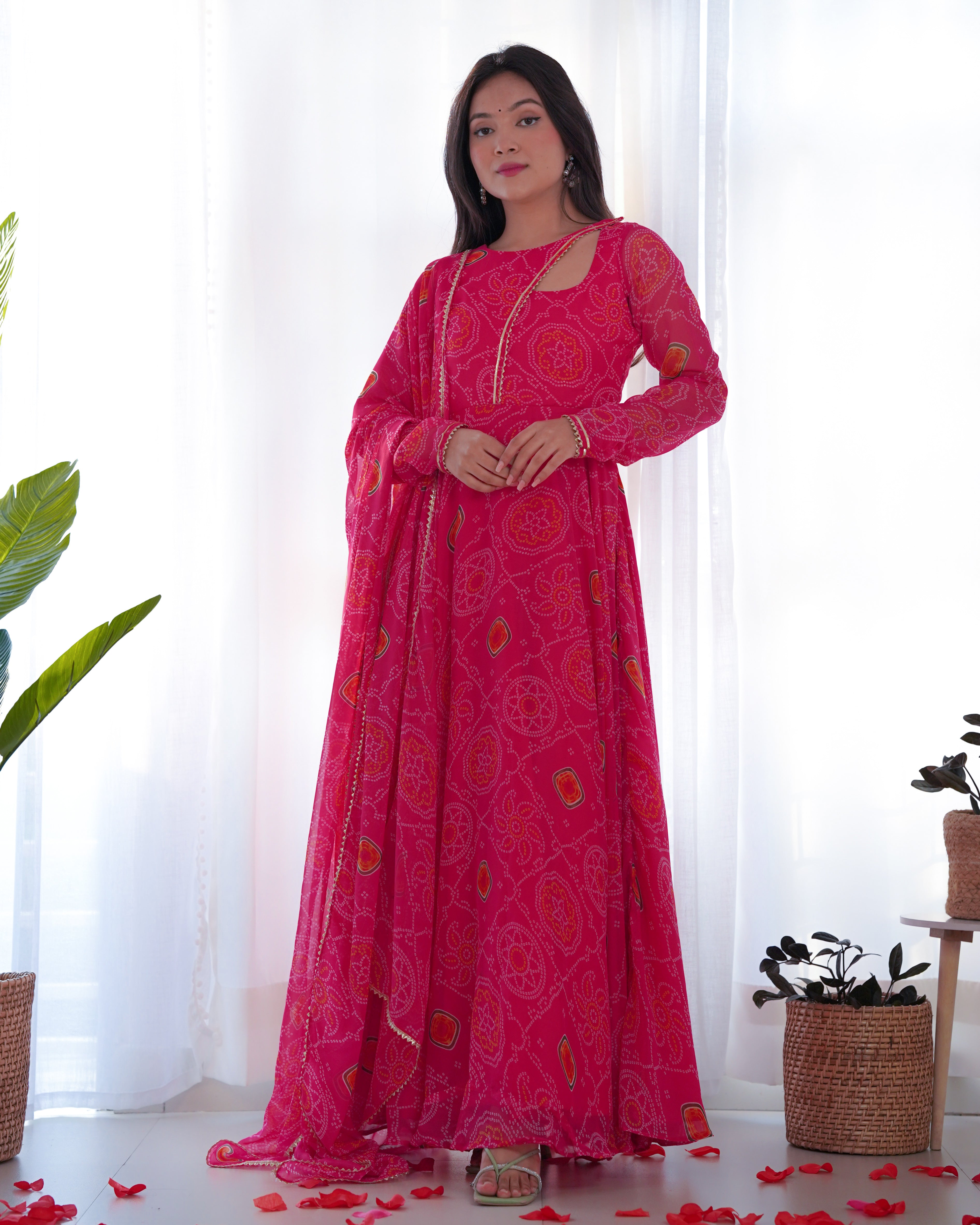 Bandhe Print in Pretty Pink Color Anarali in Soft Chiffon Base Digital Printed Work Designer Suit