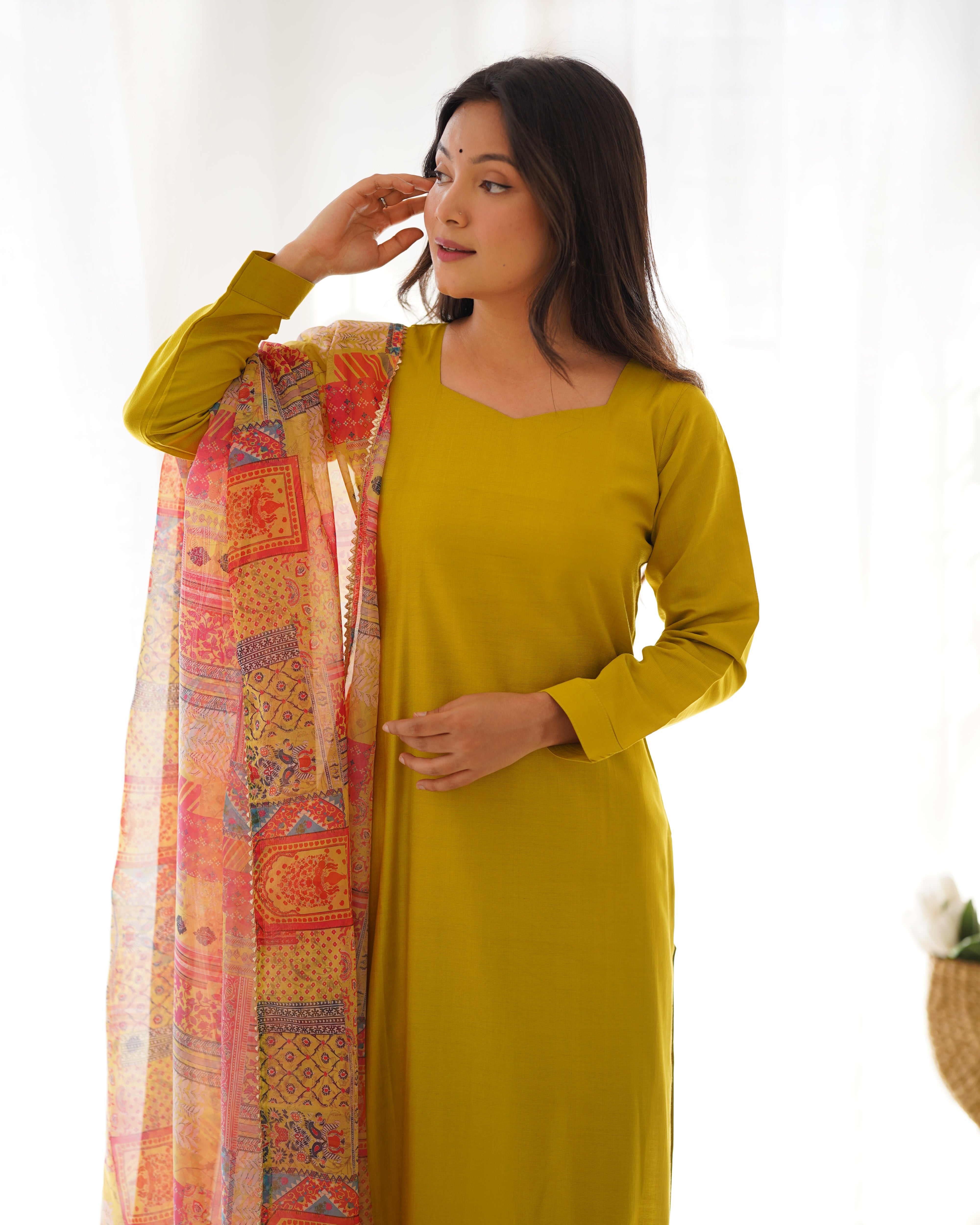 Simple Yet Elegant Liril Mustard Color Office, Summer, Party Wear Straight Suit in Viscose Base Multi Floral Printed Work Duppatta