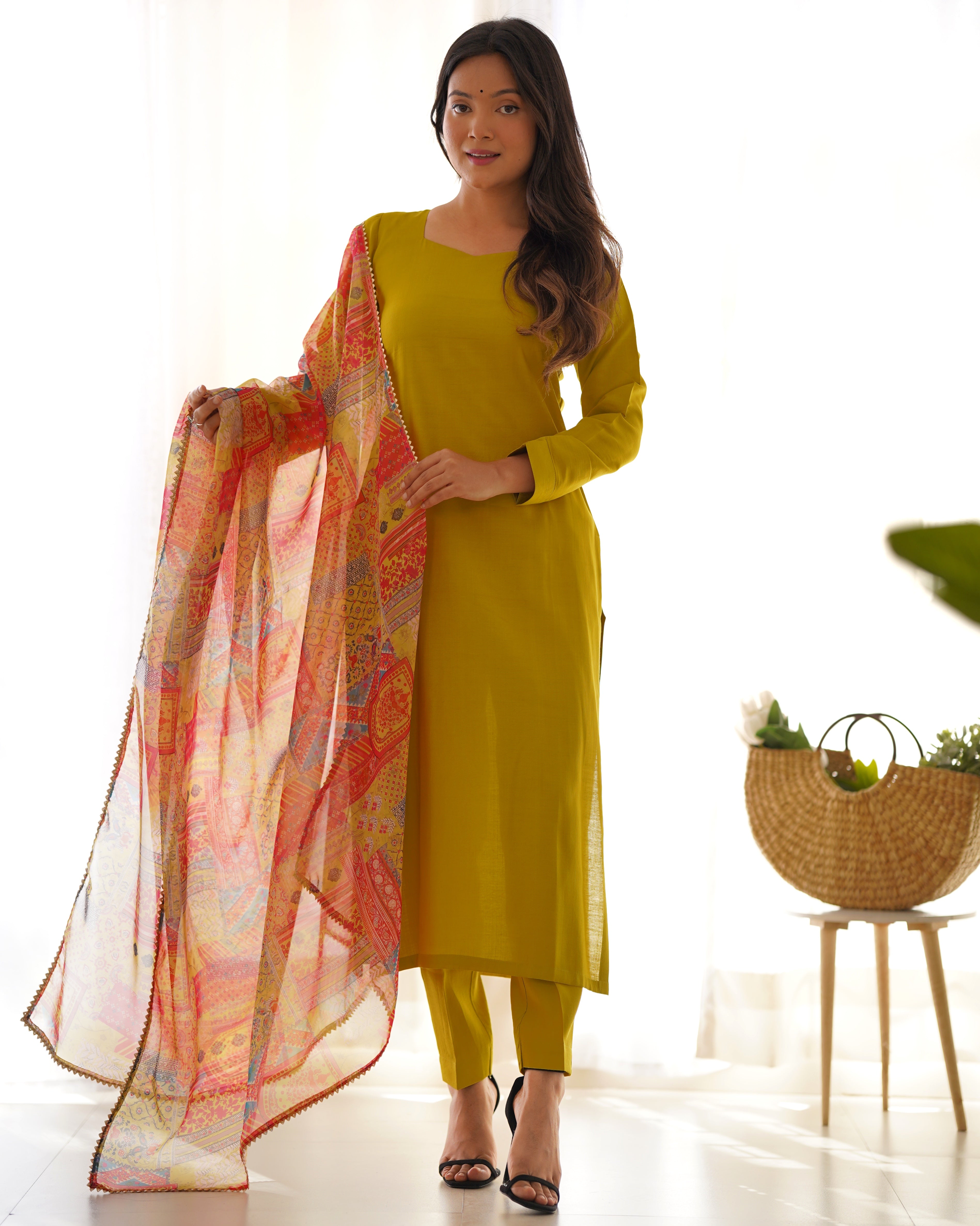 Simple Yet Elegant Liril Mustard Color Office, Summer, Party Wear Straight Suit in Viscose Base Multi Floral Printed Work Duppatta