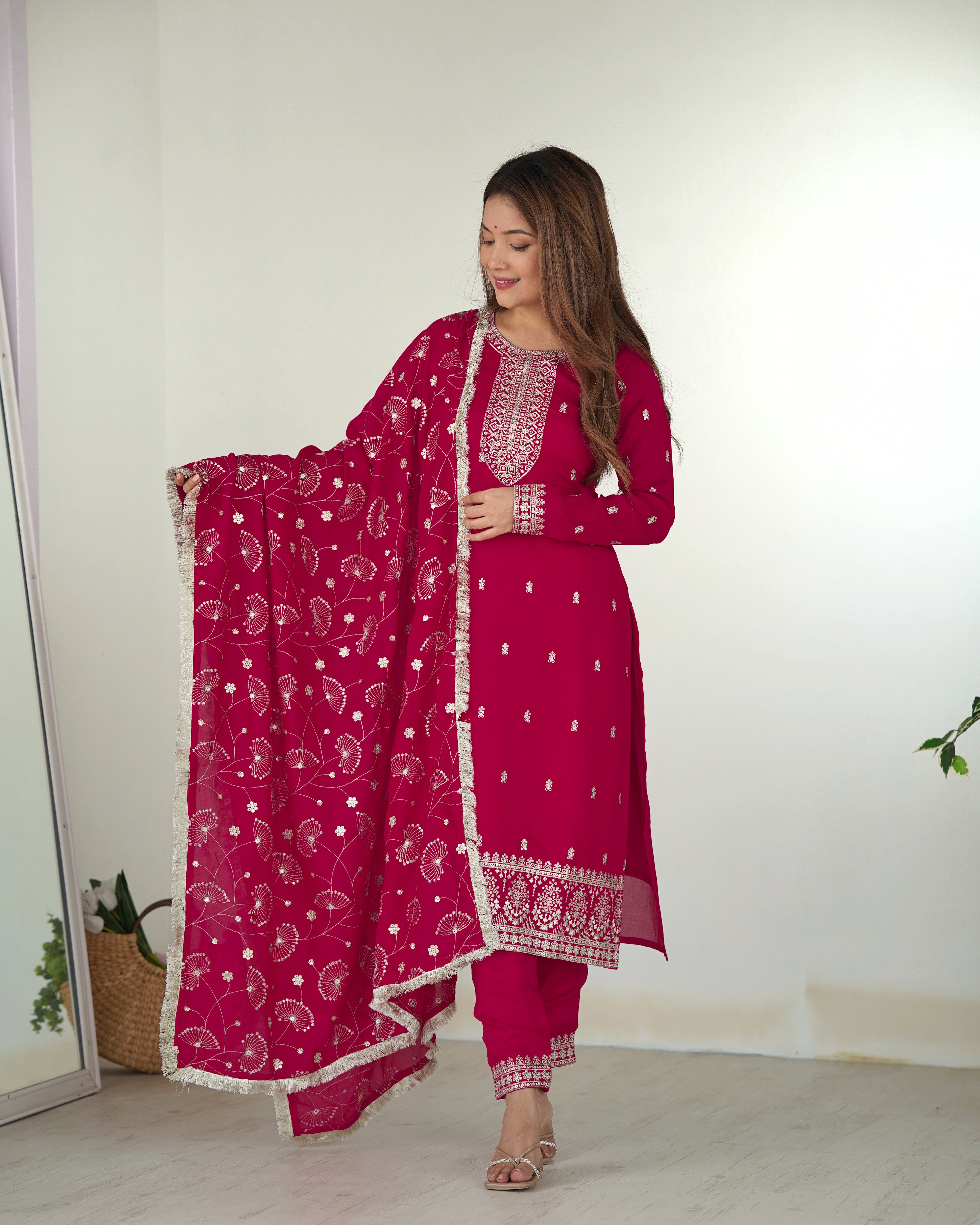 Sequins and Zari Embroidery on Pink Rangoli Silk Salwar Suit – Perfect Outfit for Weddings and Festivals