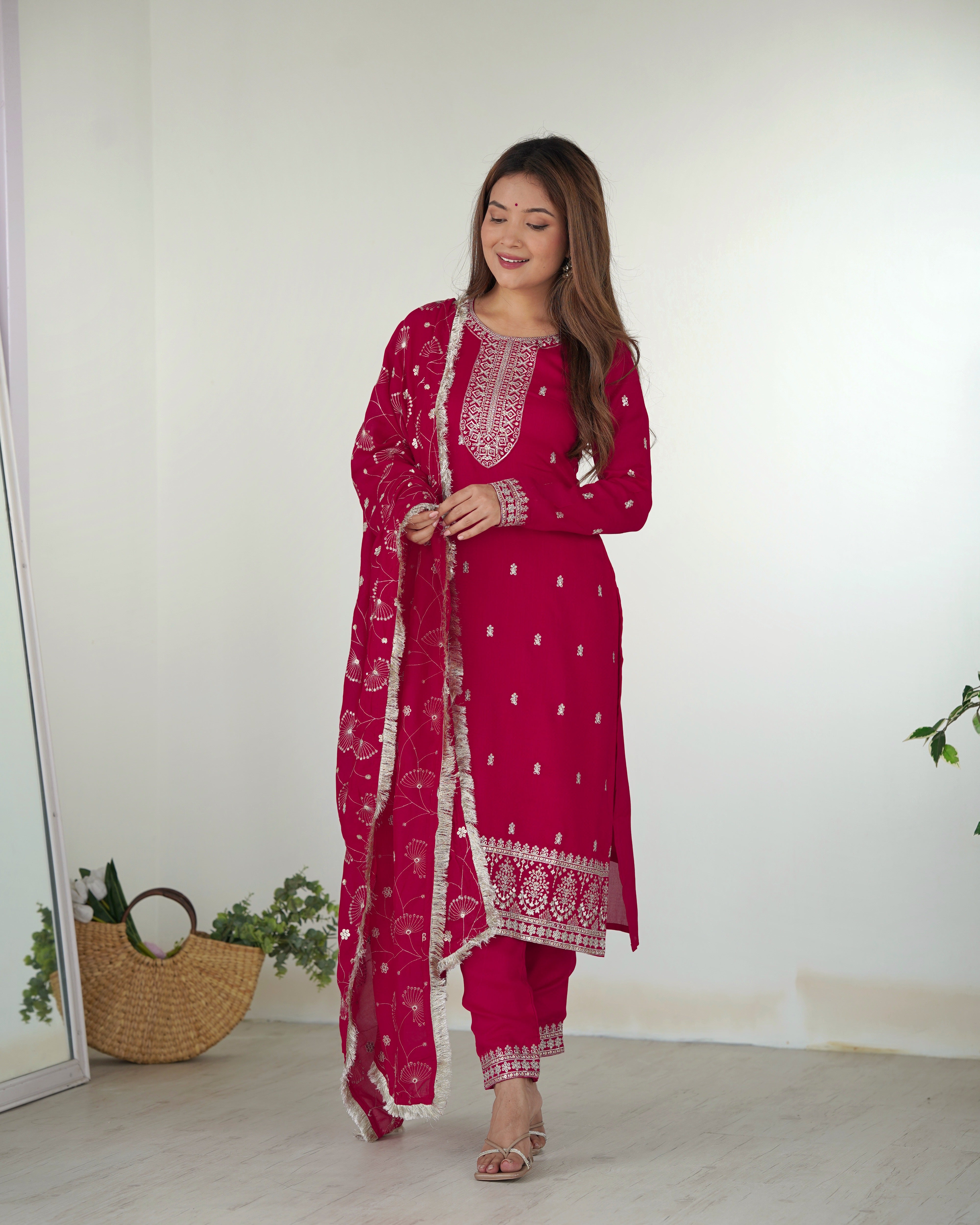 Sequins and Zari Embroidery on Pink Rangoli Silk Salwar Suit – Perfect Outfit for Weddings and Festivals