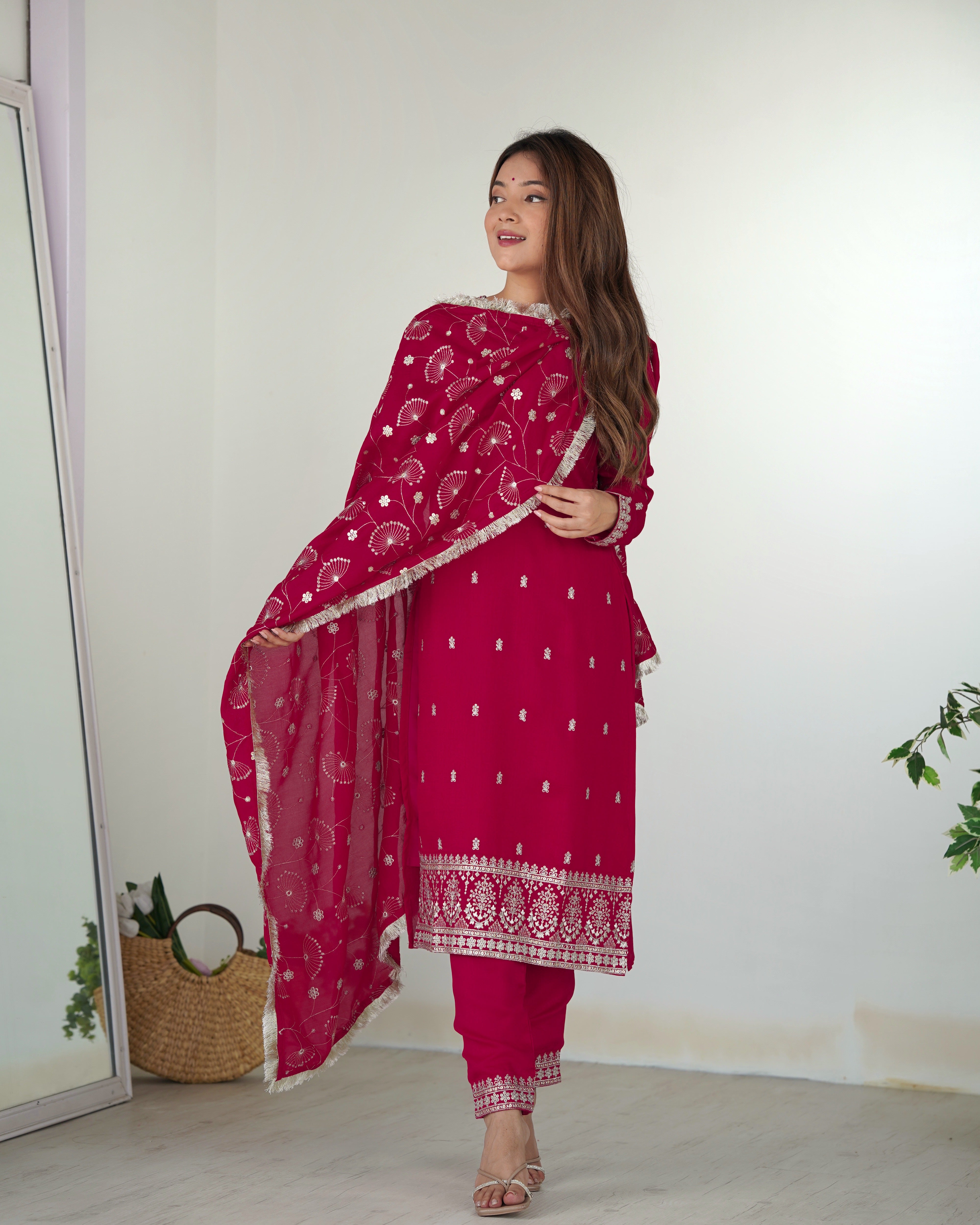 Sequins and Zari Embroidery on Pink Rangoli Silk Salwar Suit – Perfect Outfit for Weddings and Festivals