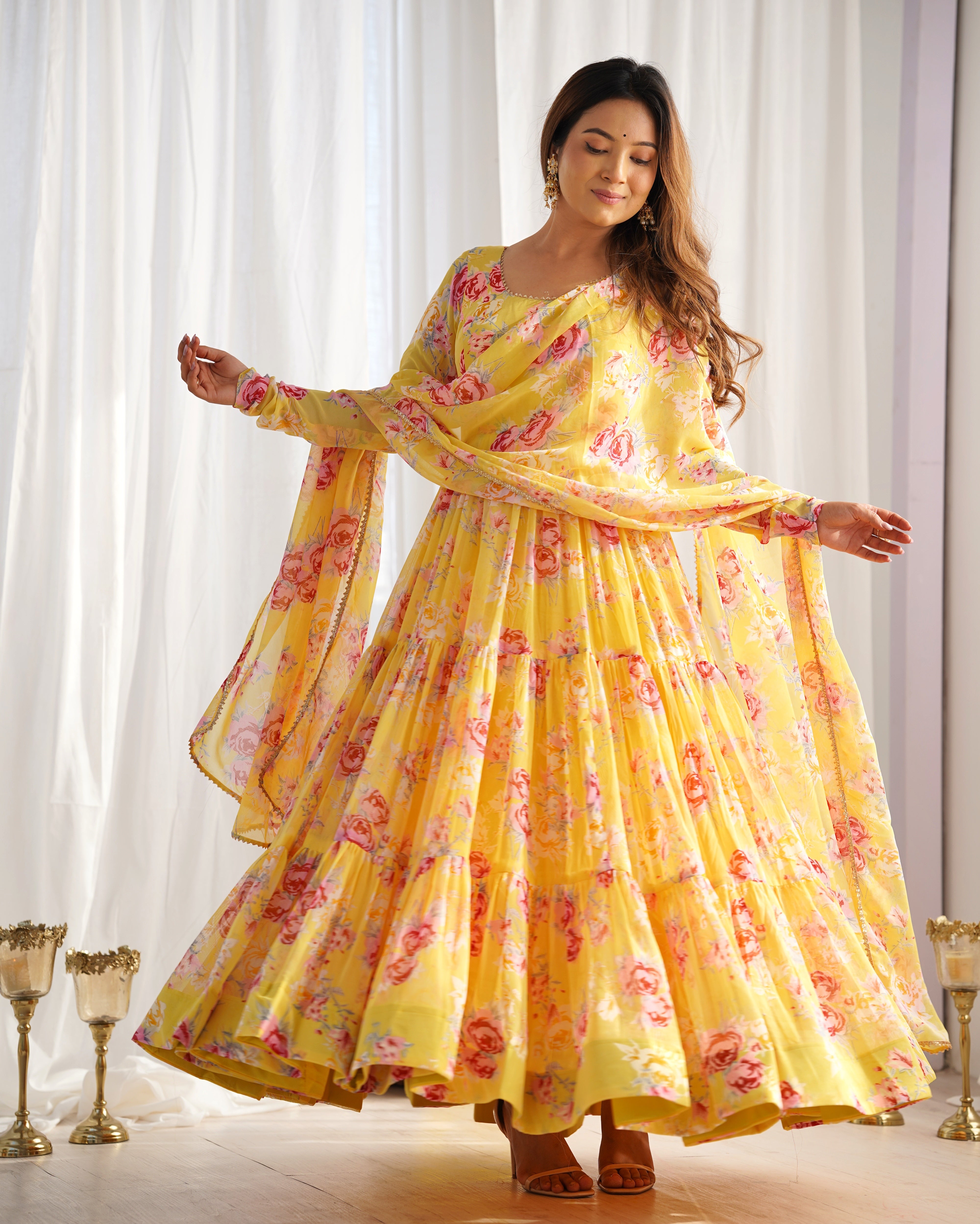 Floral Designer Anarkali in Yellow Color Faux Georgette base Printed Work Anarkali Suit for Upcoming Functions and Festivals
