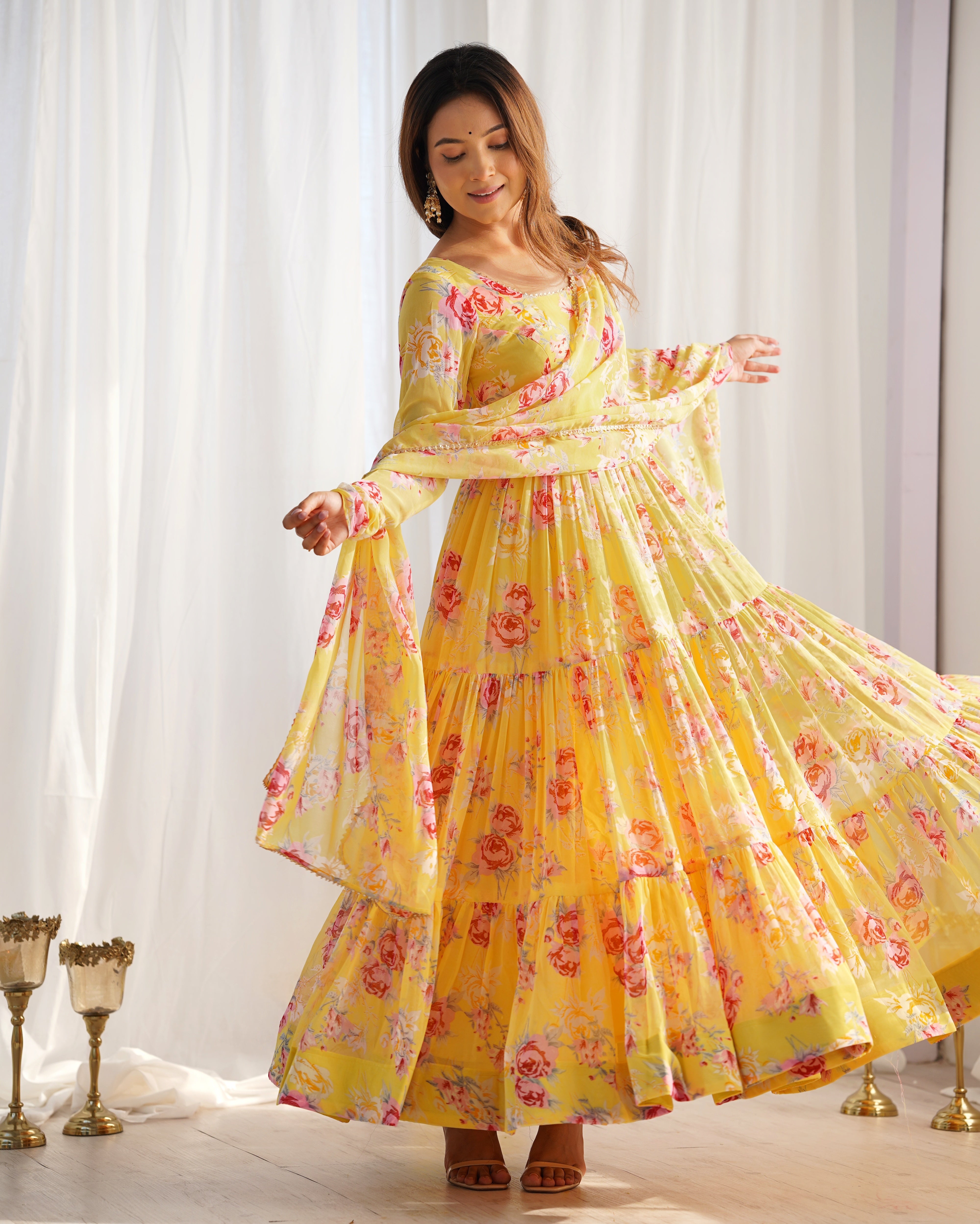 Floral Designer Anarkali in Yellow Color Faux Georgette base Printed Work Anarkali Suit for Upcoming Functions and Festivals