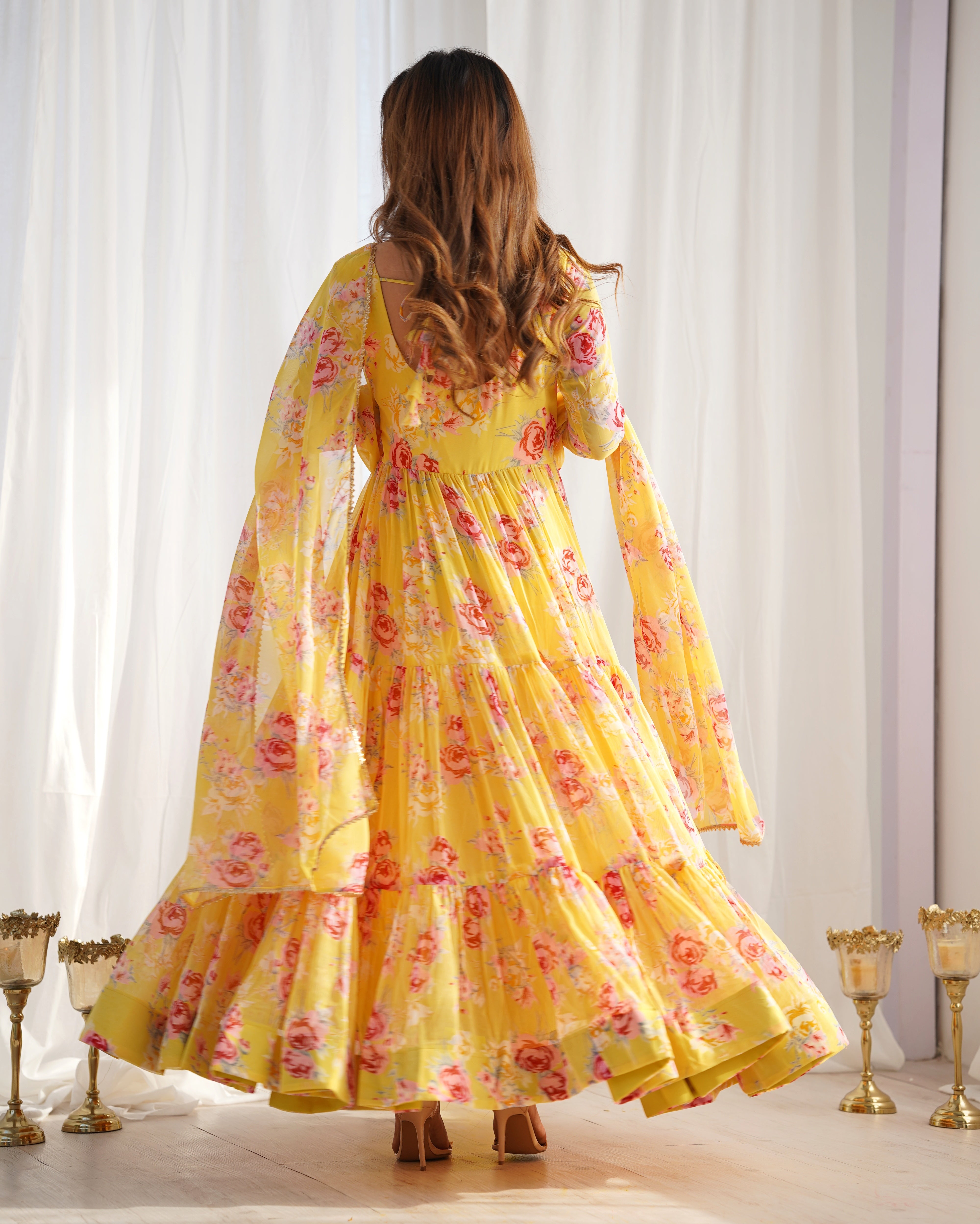 Floral Designer Anarkali in Yellow Color Faux Georgette base Printed Work Anarkali Suit for Upcoming Functions and Festivals