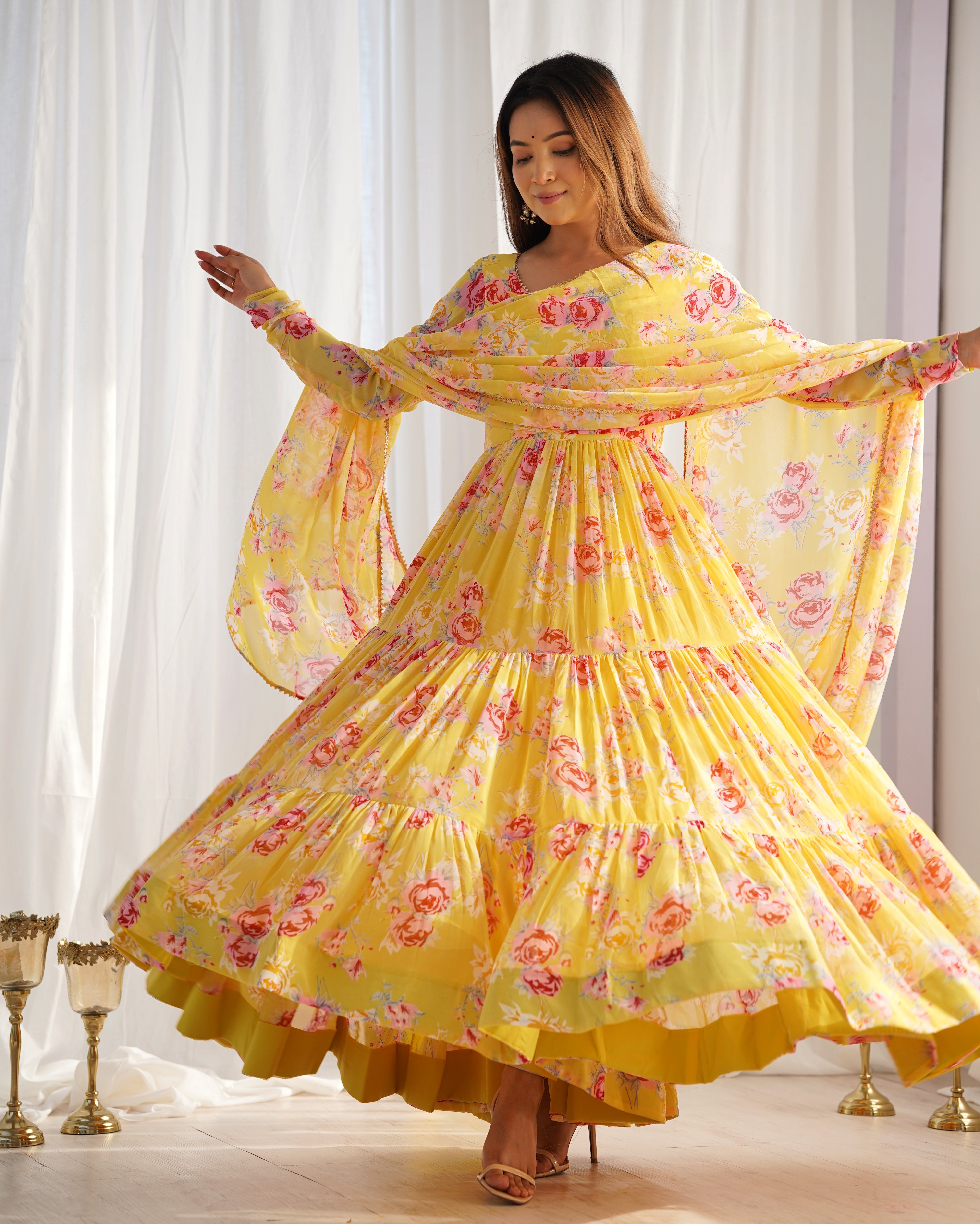 Floral Designer Anarkali in Yellow Color Faux Georgette base Printed Work Anarkali Suit for Upcoming Functions and Festivals