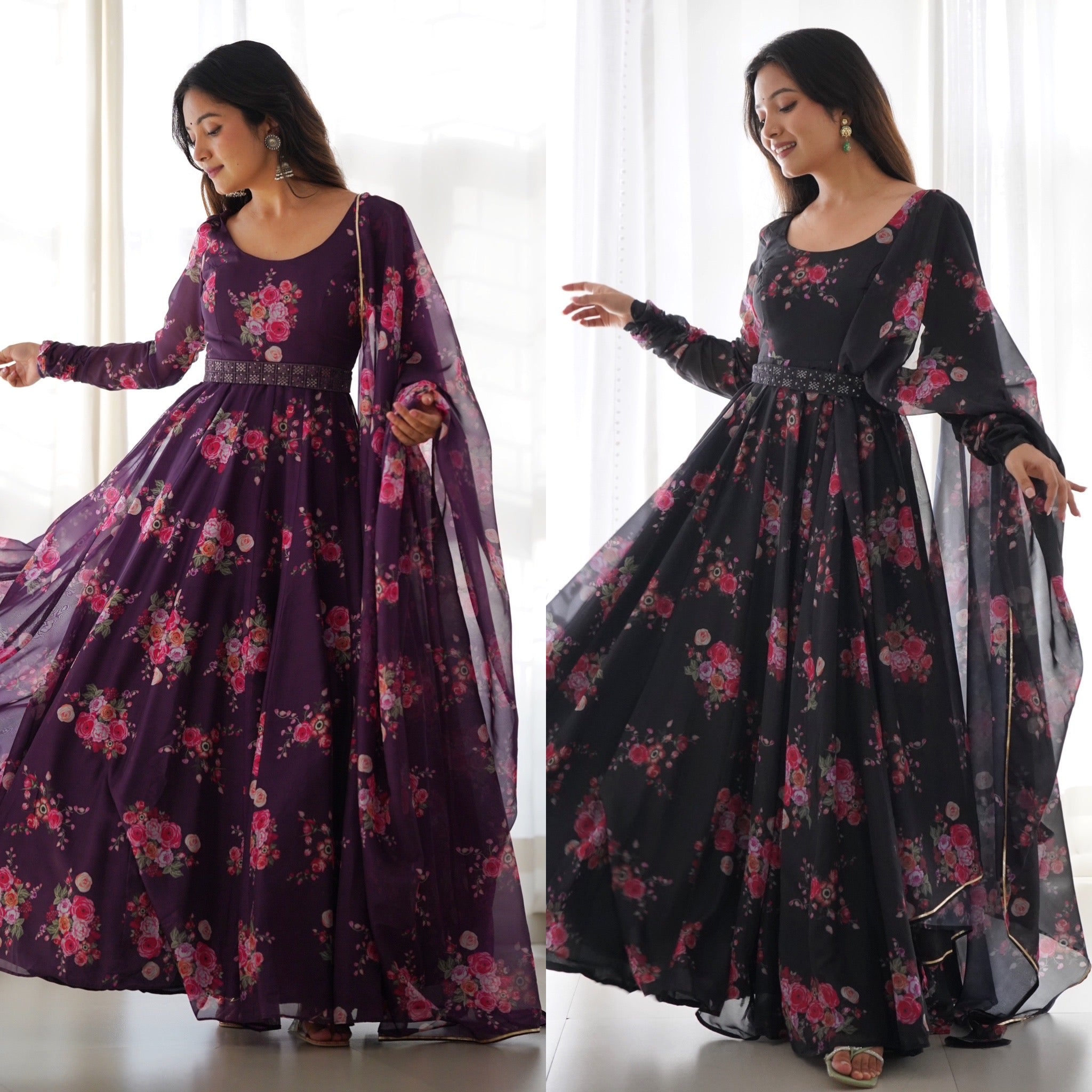 Beautiful Anarkali in Organza Silk Base Multi Floral Printed Work Designer Suit