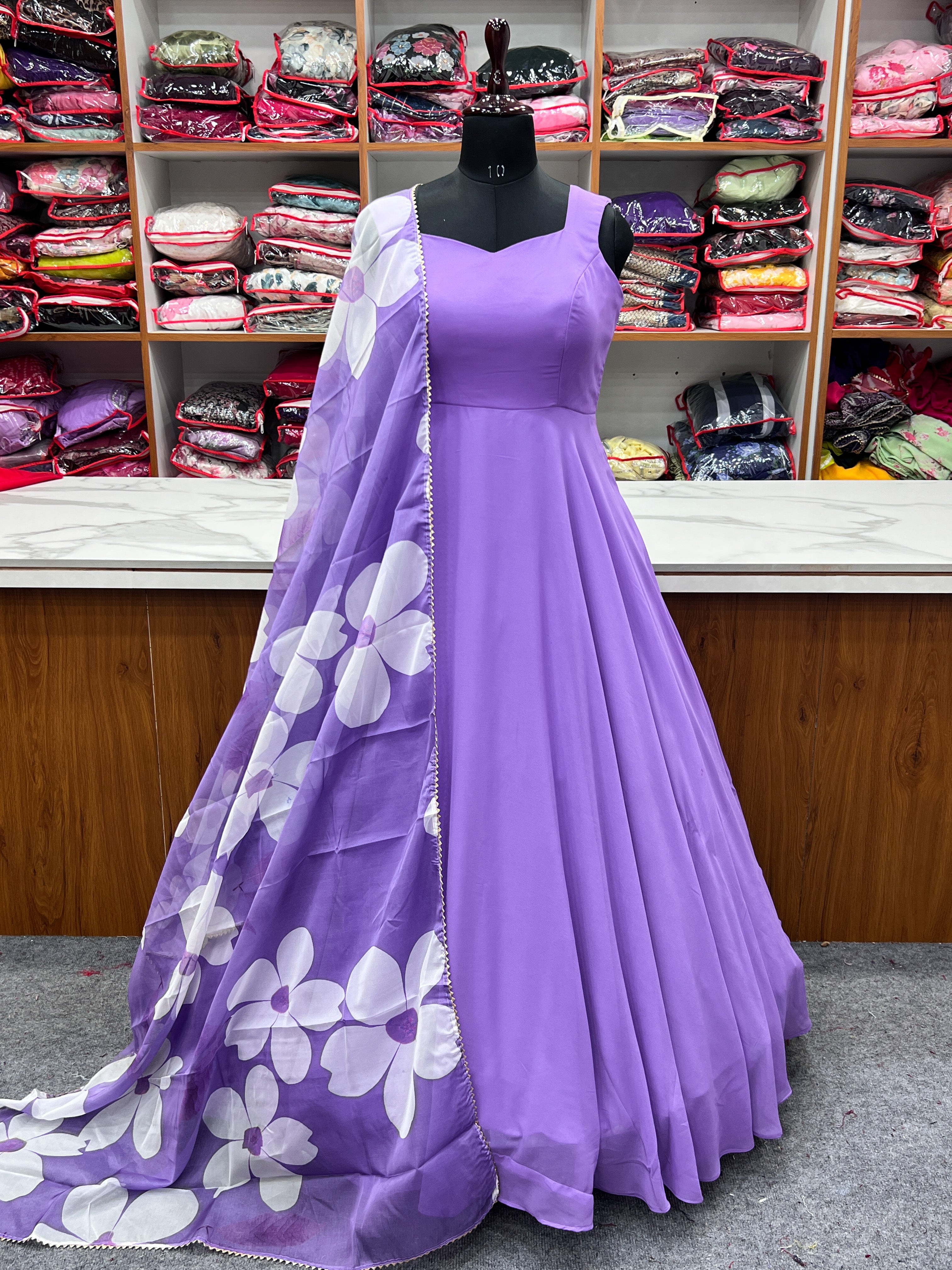 Lavender Color Faux Georgette Base Party Wear Style Suit With Dupatta Set