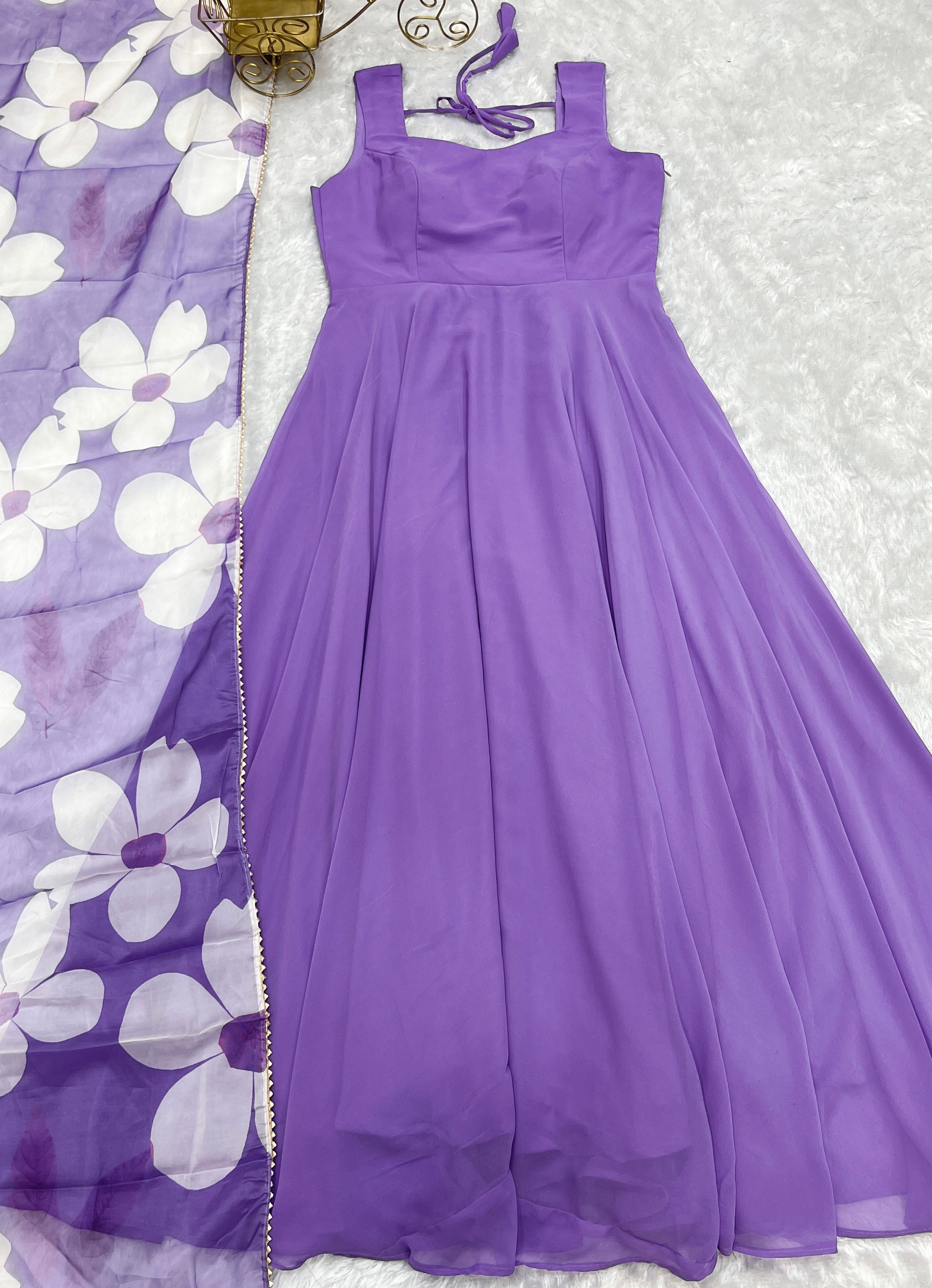 Lavender Color Faux Georgette Base Party Wear Style Suit With Dupatta Set