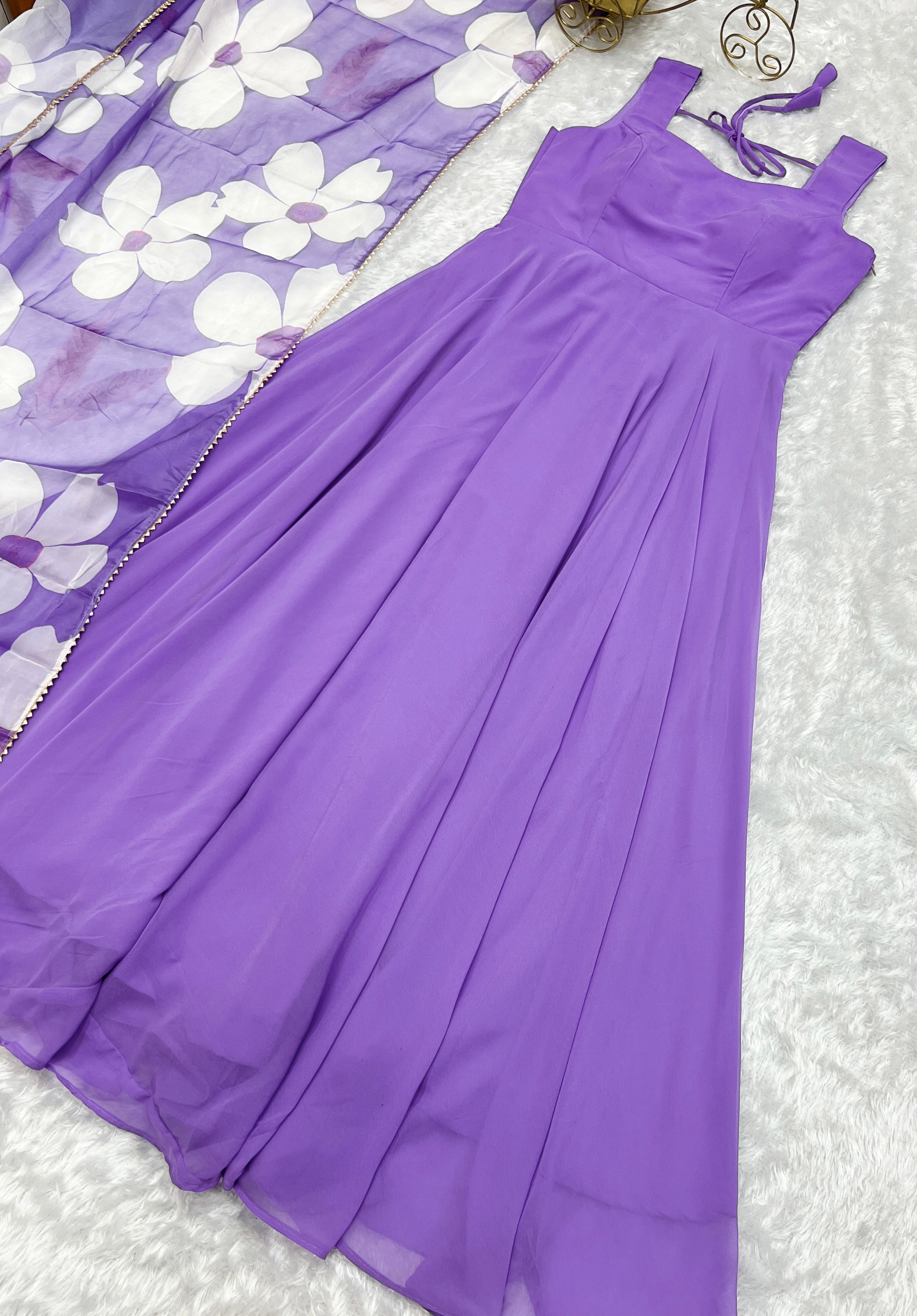 Lavender Color Faux Georgette Base Party Wear Style Suit With Dupatta Set