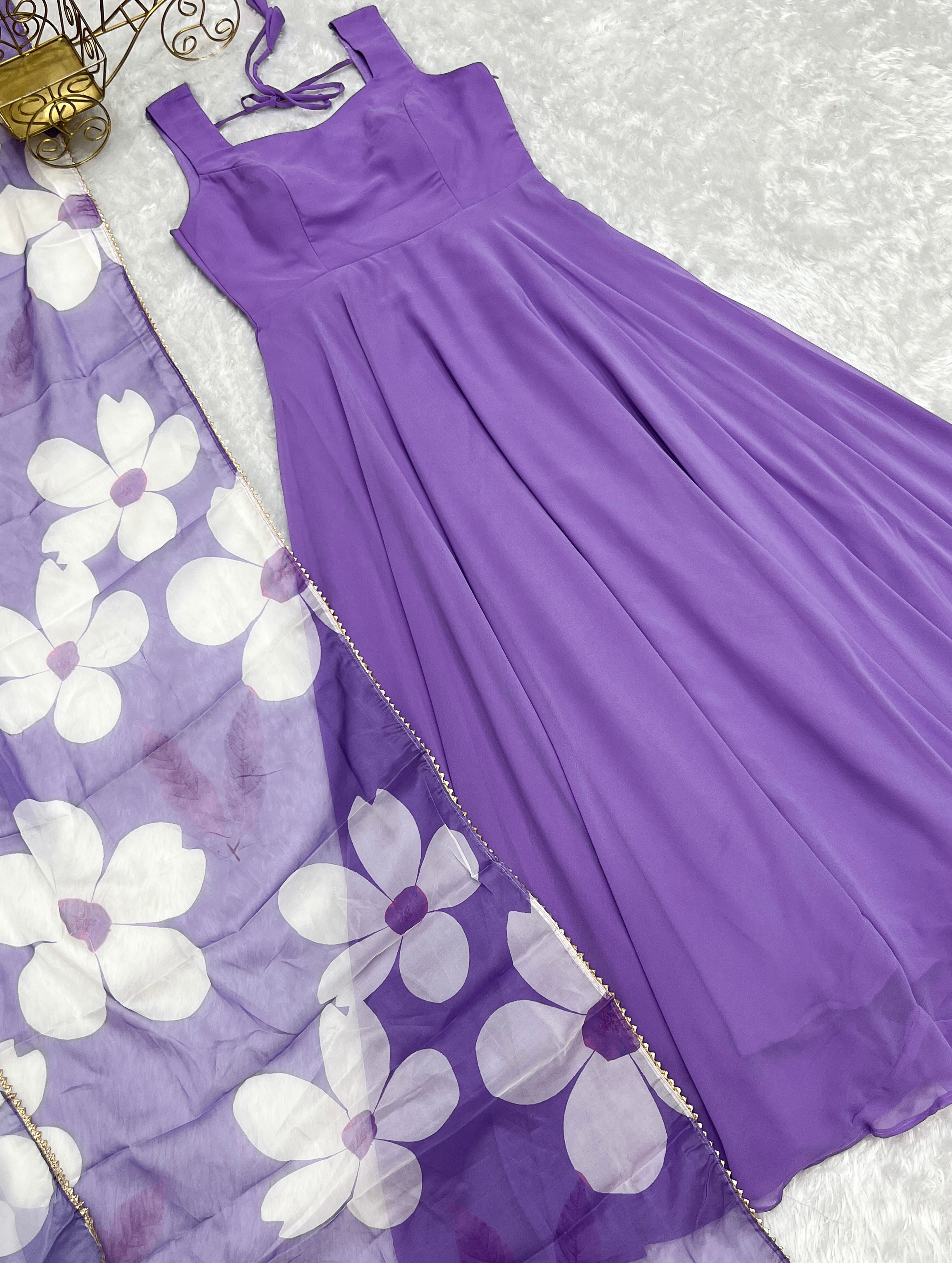 Lavender Color Faux Georgette Base Party Wear Style Suit With Dupatta Set