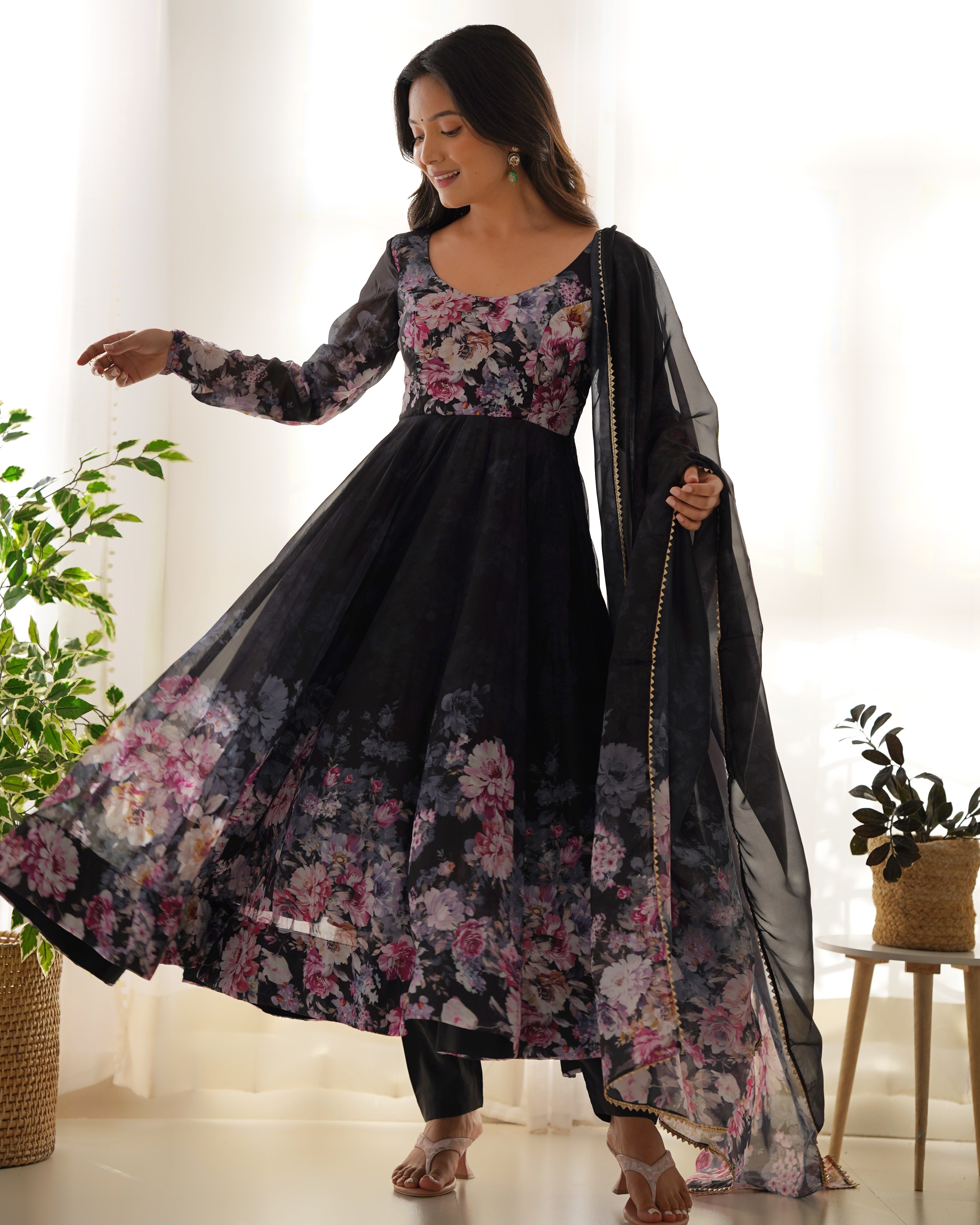 Beauty Black Colorful Lightweight Stylish Anarkali Suit with Dupatta Set for Upcoming Festivities and Weddings