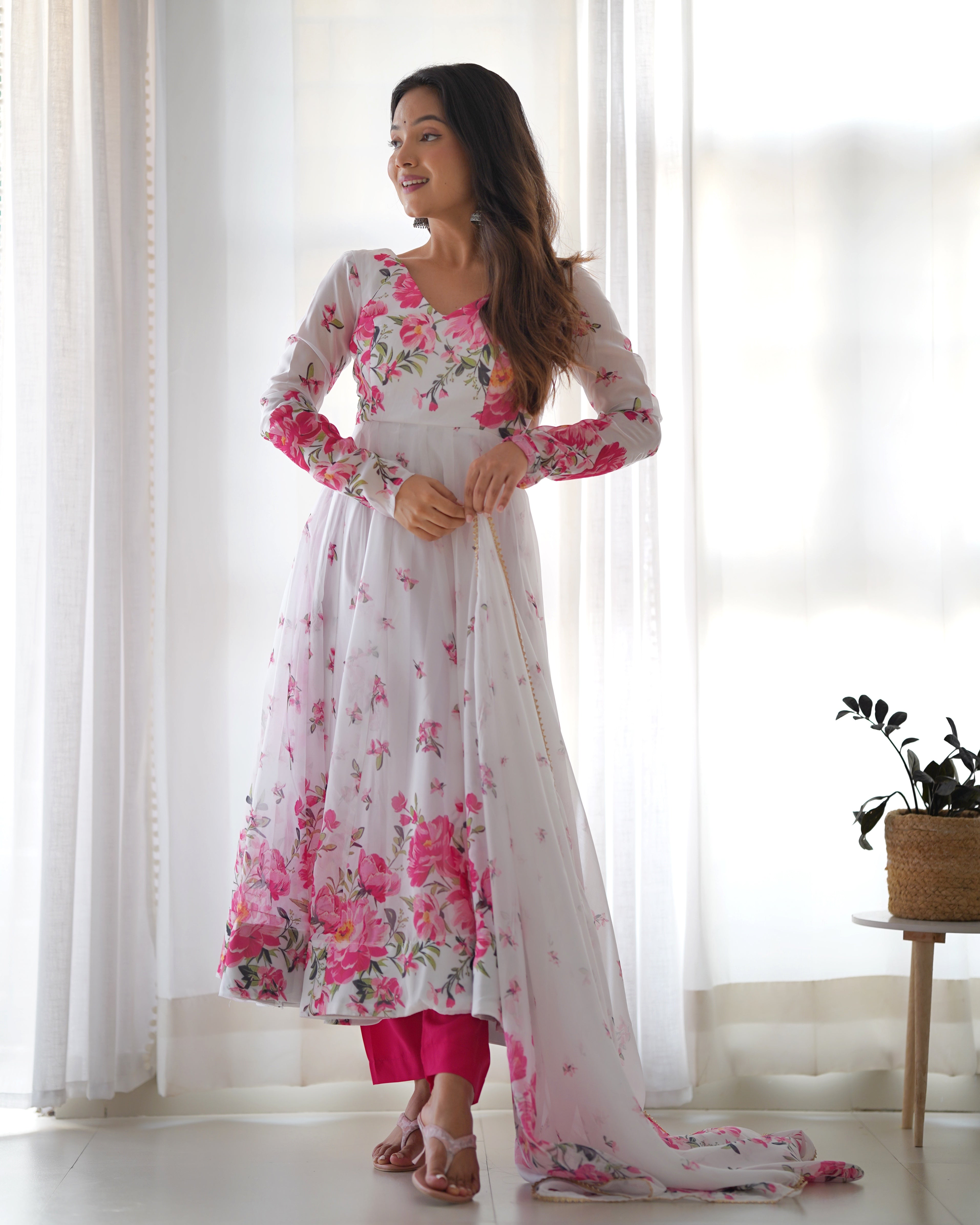 WOW White Magic Anarkali in Organza Silk Base Multi Floral Printed Work Designer Suit