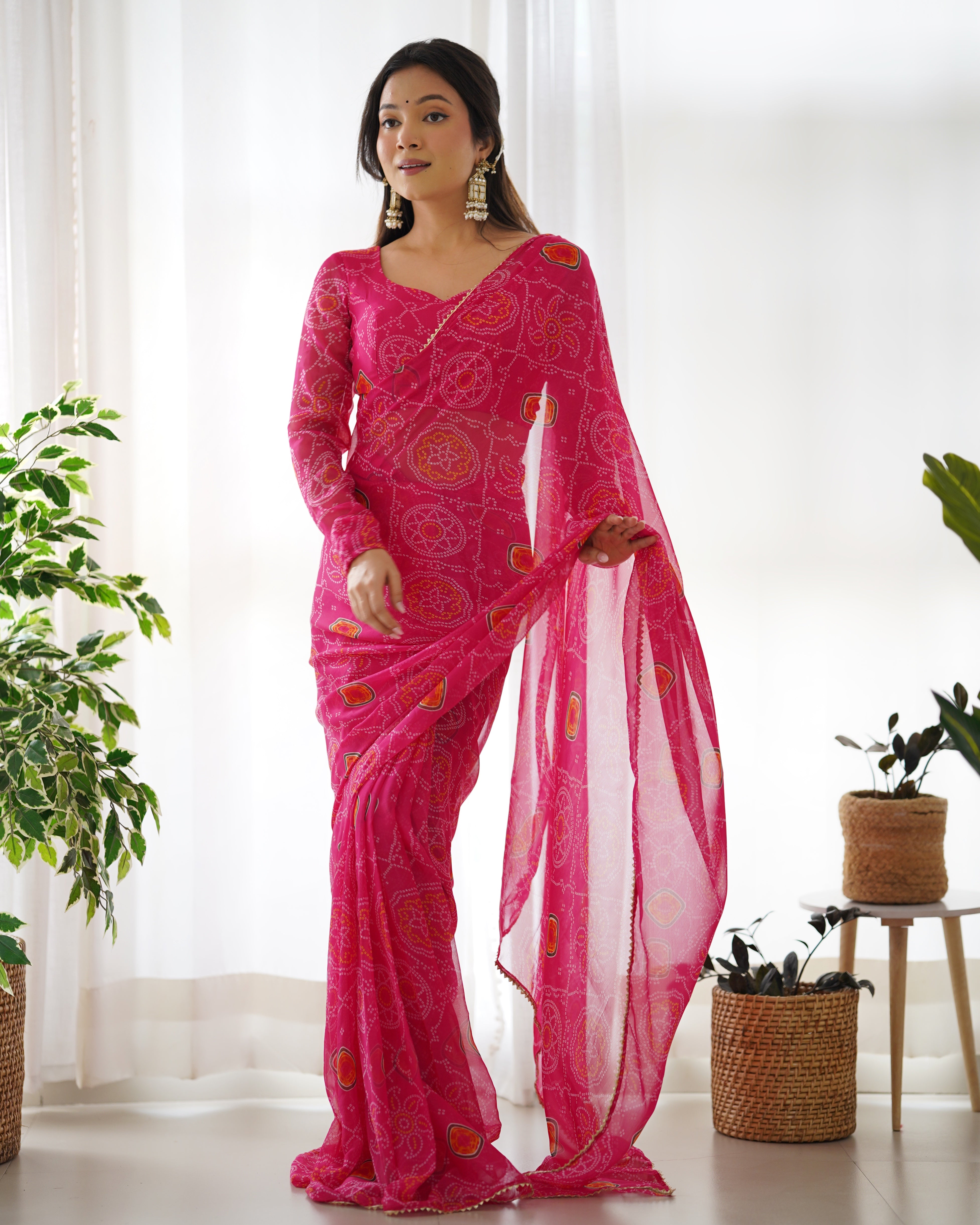 Pretty Pink Bandhej Printed Ready Wear Designer Chiffon Fabric Saree With Stitched Blouse Set