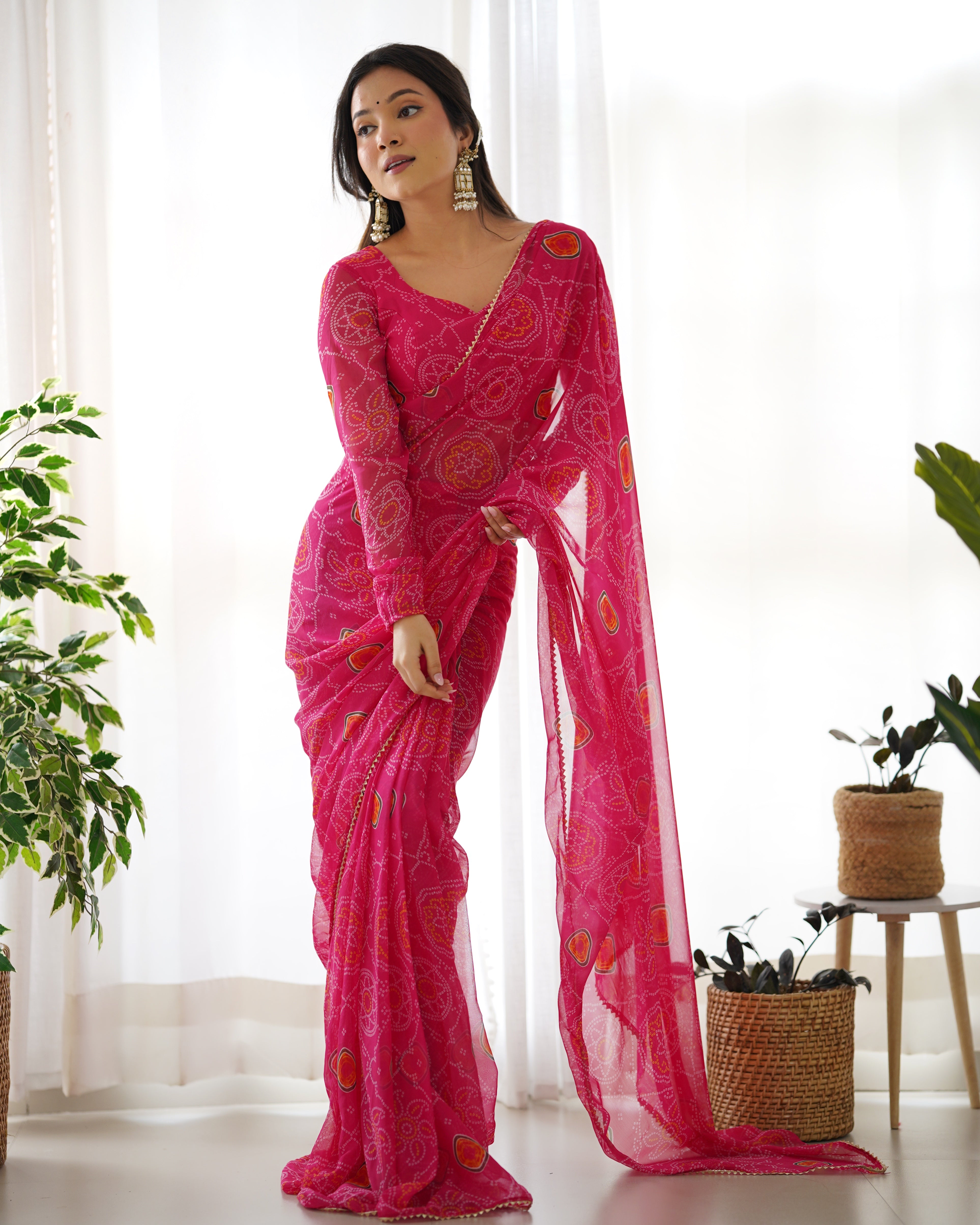 Pretty Pink Bandhej Printed Ready Wear Designer Chiffon Fabric Saree With Stitched Blouse Set