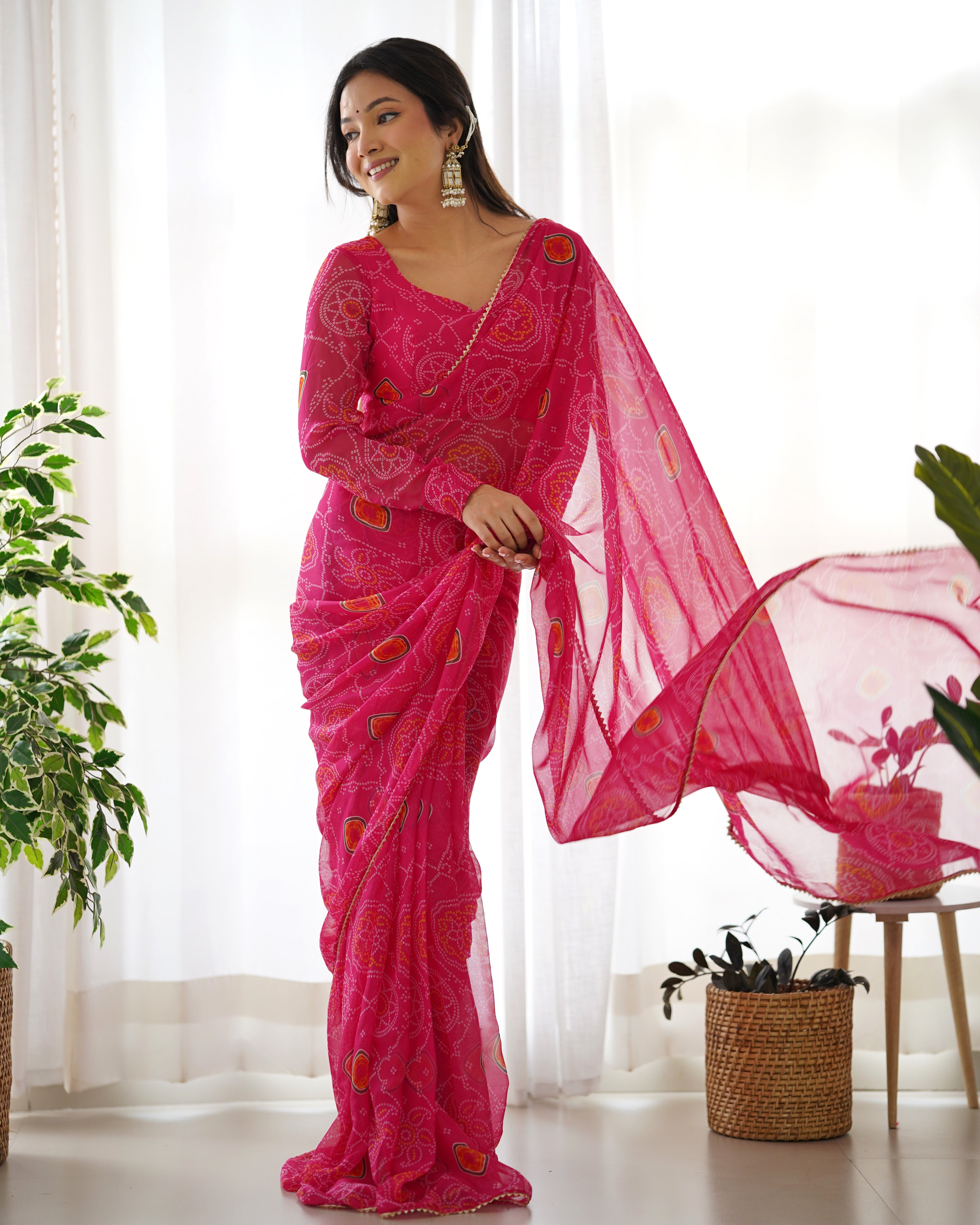 Pretty Pink Bandhej Printed Ready Wear Designer Chiffon Fabric Saree With Stitched Blouse Set