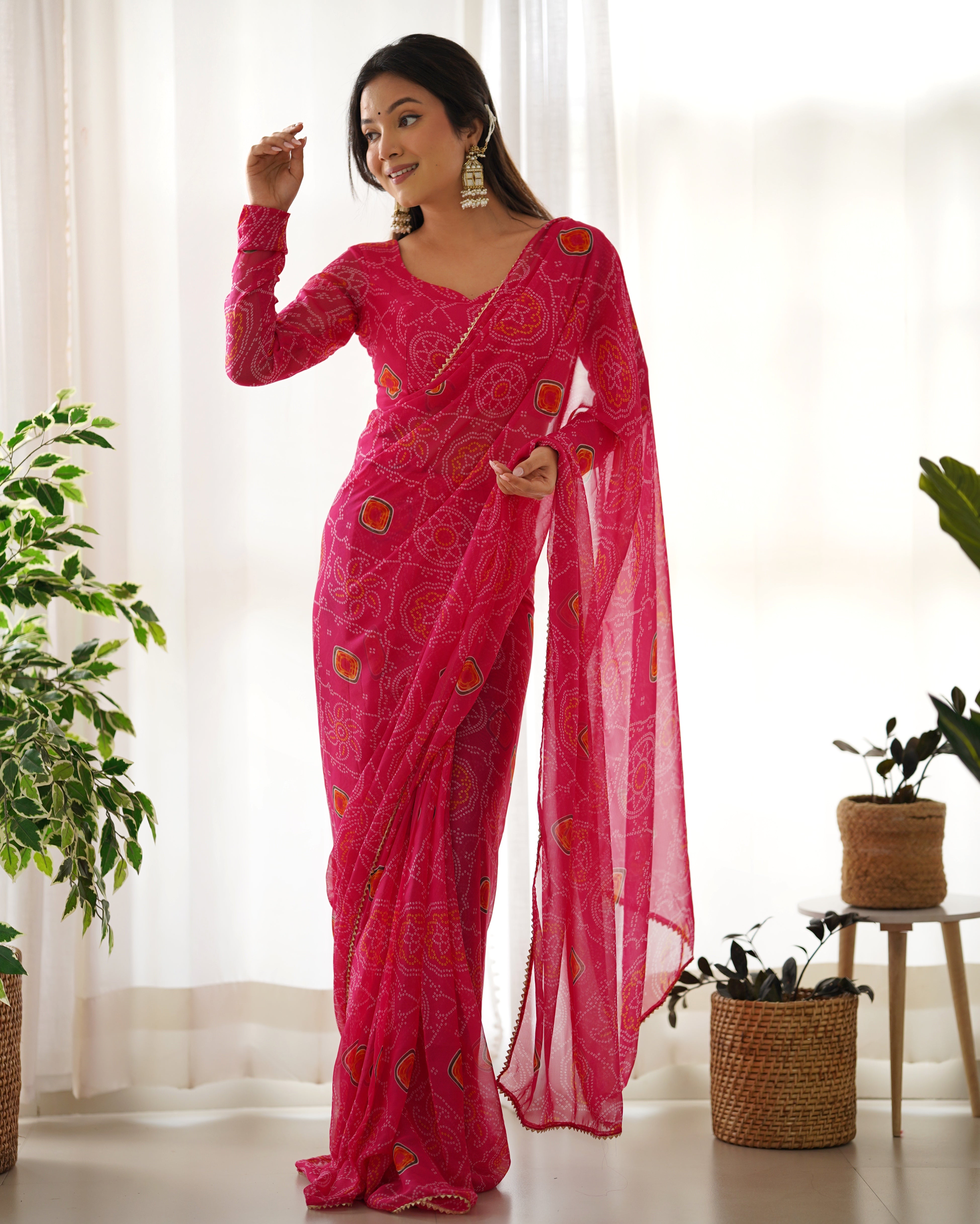 Pretty Pink Bandhej Printed Ready Wear Designer Chiffon Fabric Saree With Stitched Blouse Set