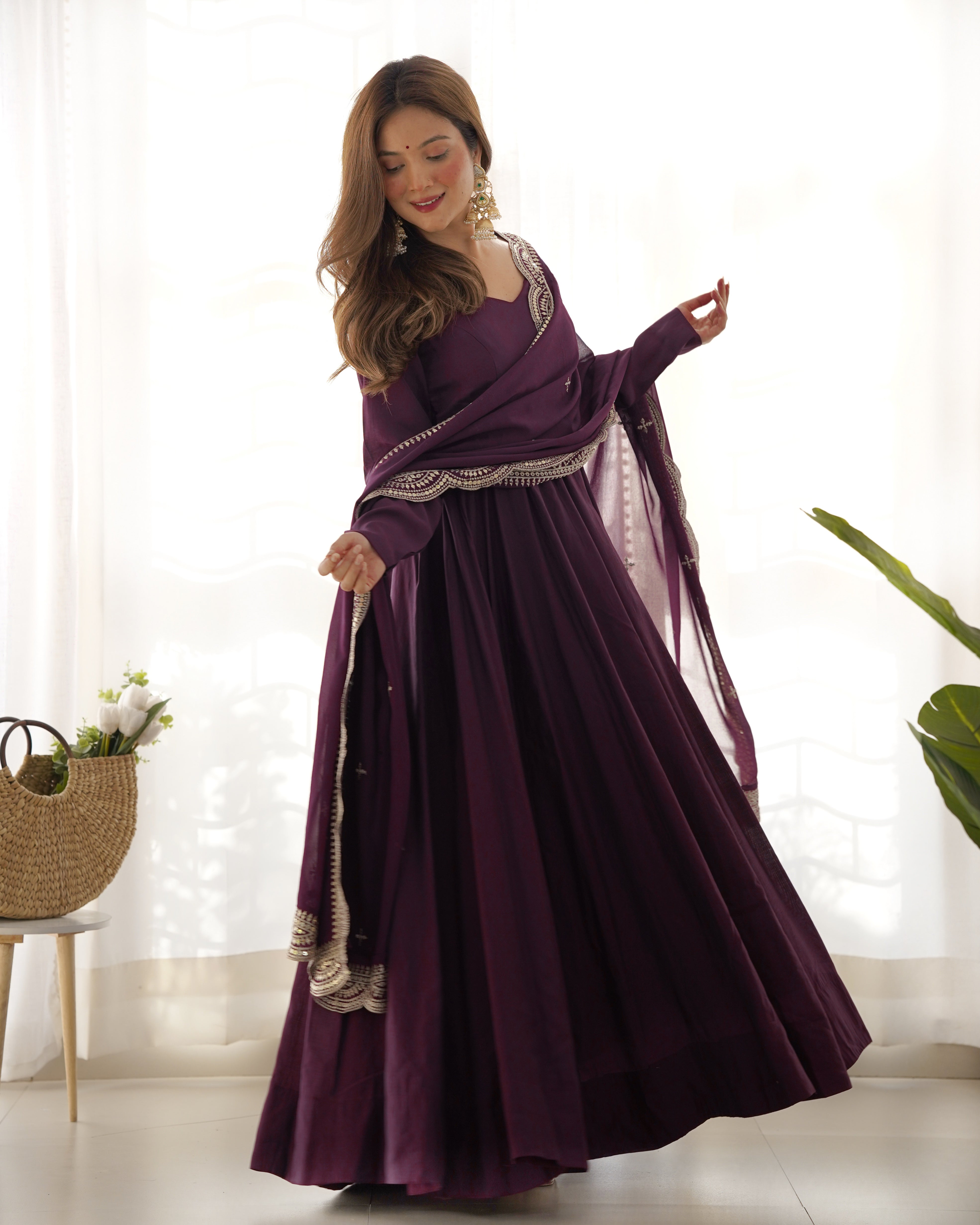 Perfect Functional Ceremonial Outfit in Anarkali Avatar Based in Roman Silk Chanderi Fabric Designer Suit for Upcoming Festivals and More Events