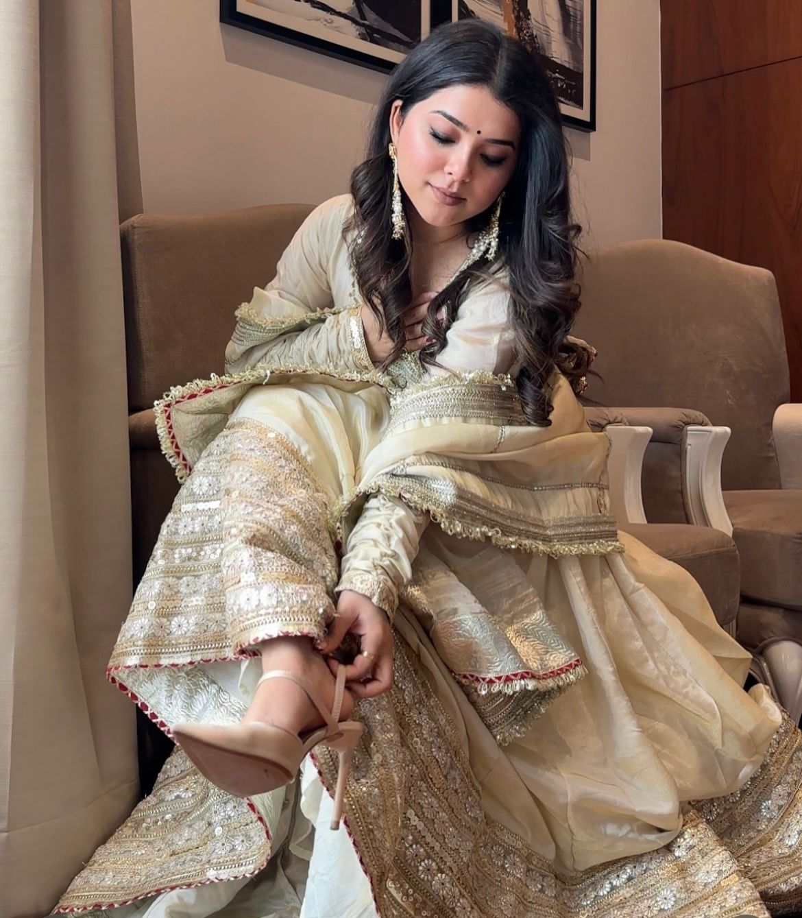 Model Wearing Ivory Embroidered Anarkali for Weddings Festivals & Parties – Order Now!