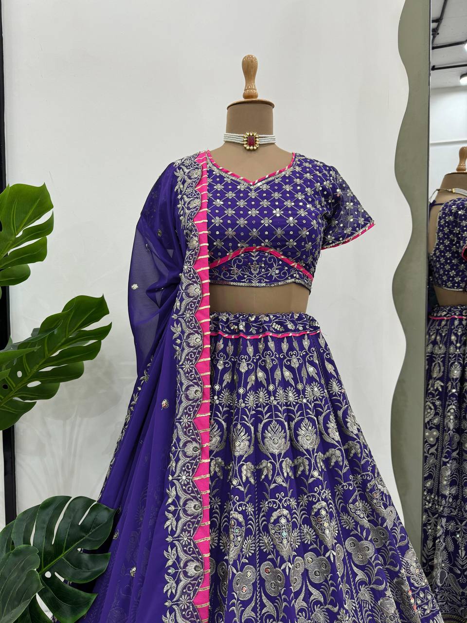 Model Wearing Violet Georgette Embroidered Lehenga for weddings and functions