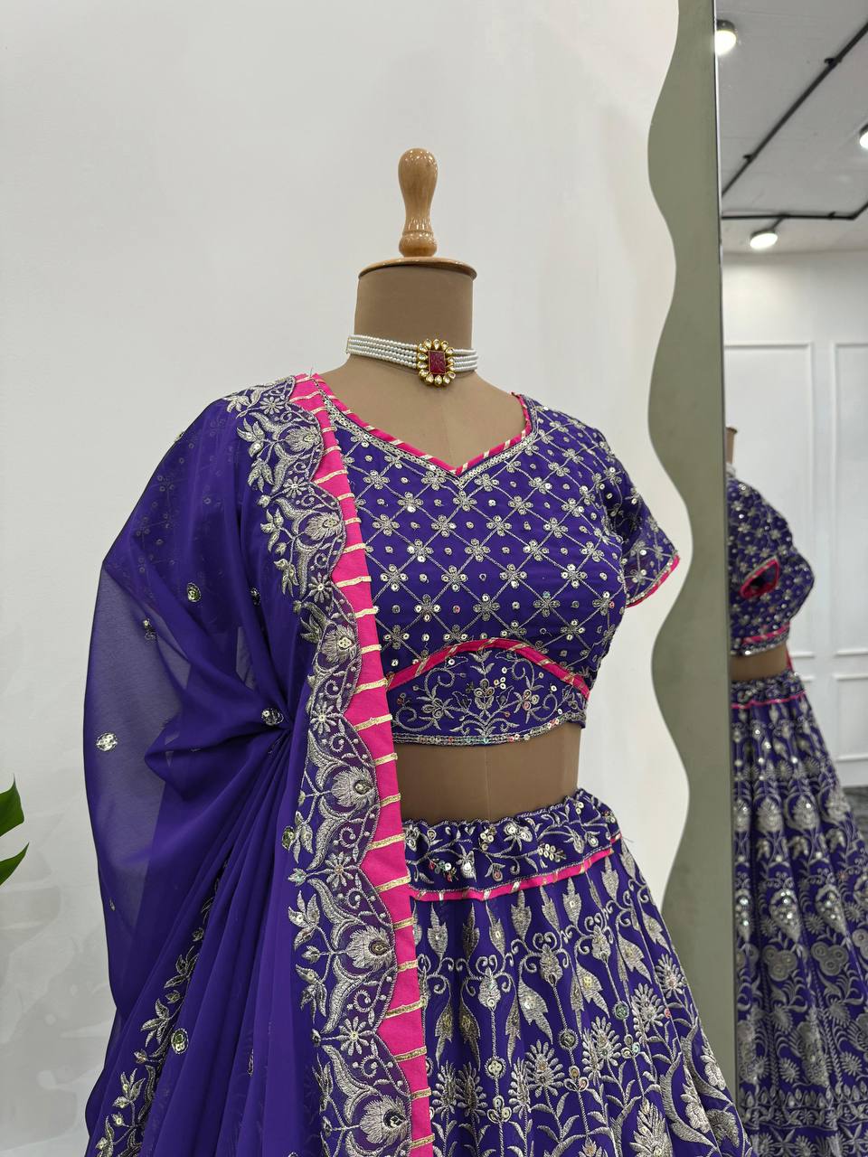 Model Wearing Violet Georgette Embroidered Lehenga for weddings and functions