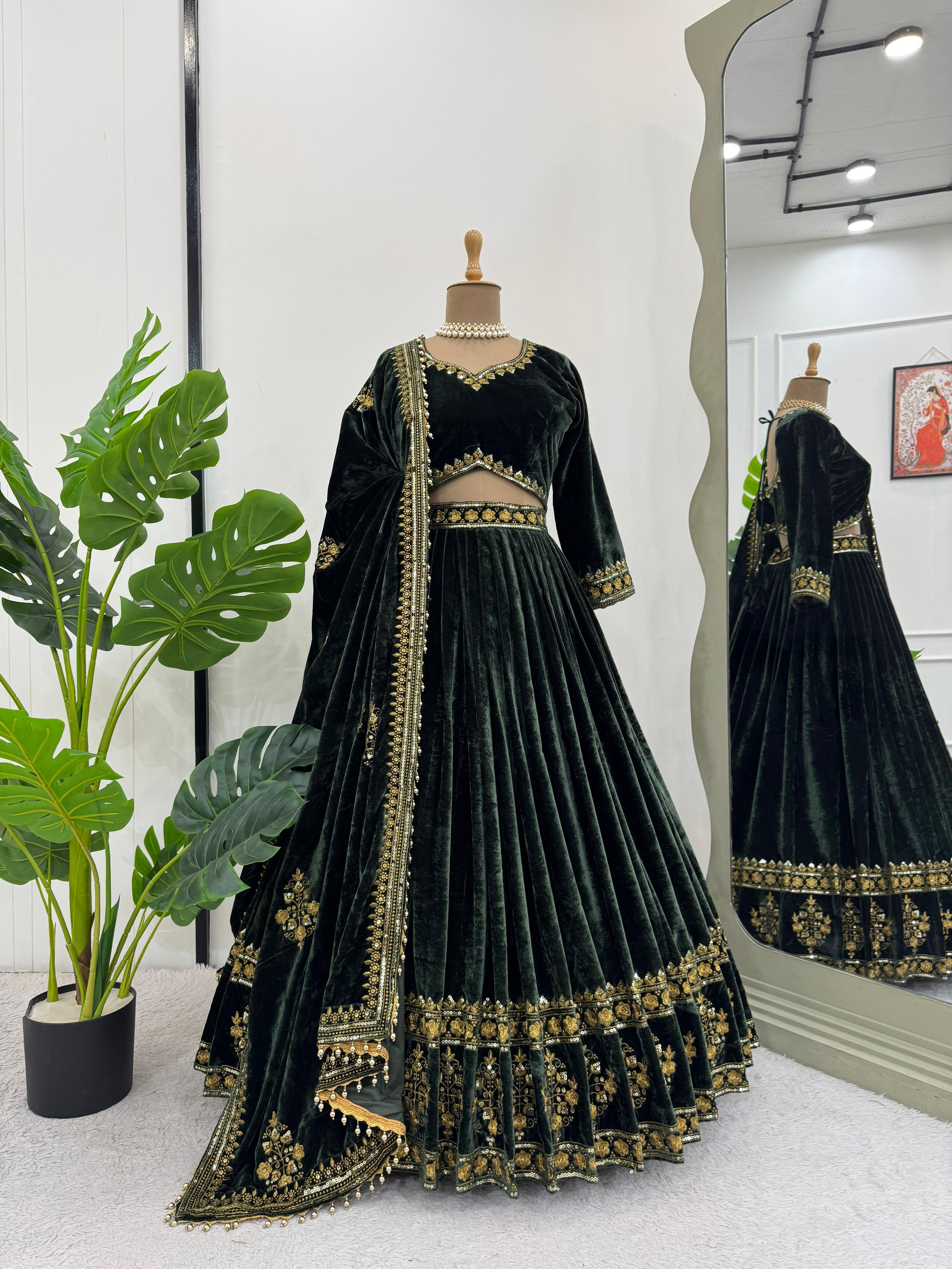 Dark Green Viscos Velvet Lehenga Choli for Women – Elegant Ethnic Outfit for Weddings and Celebrations