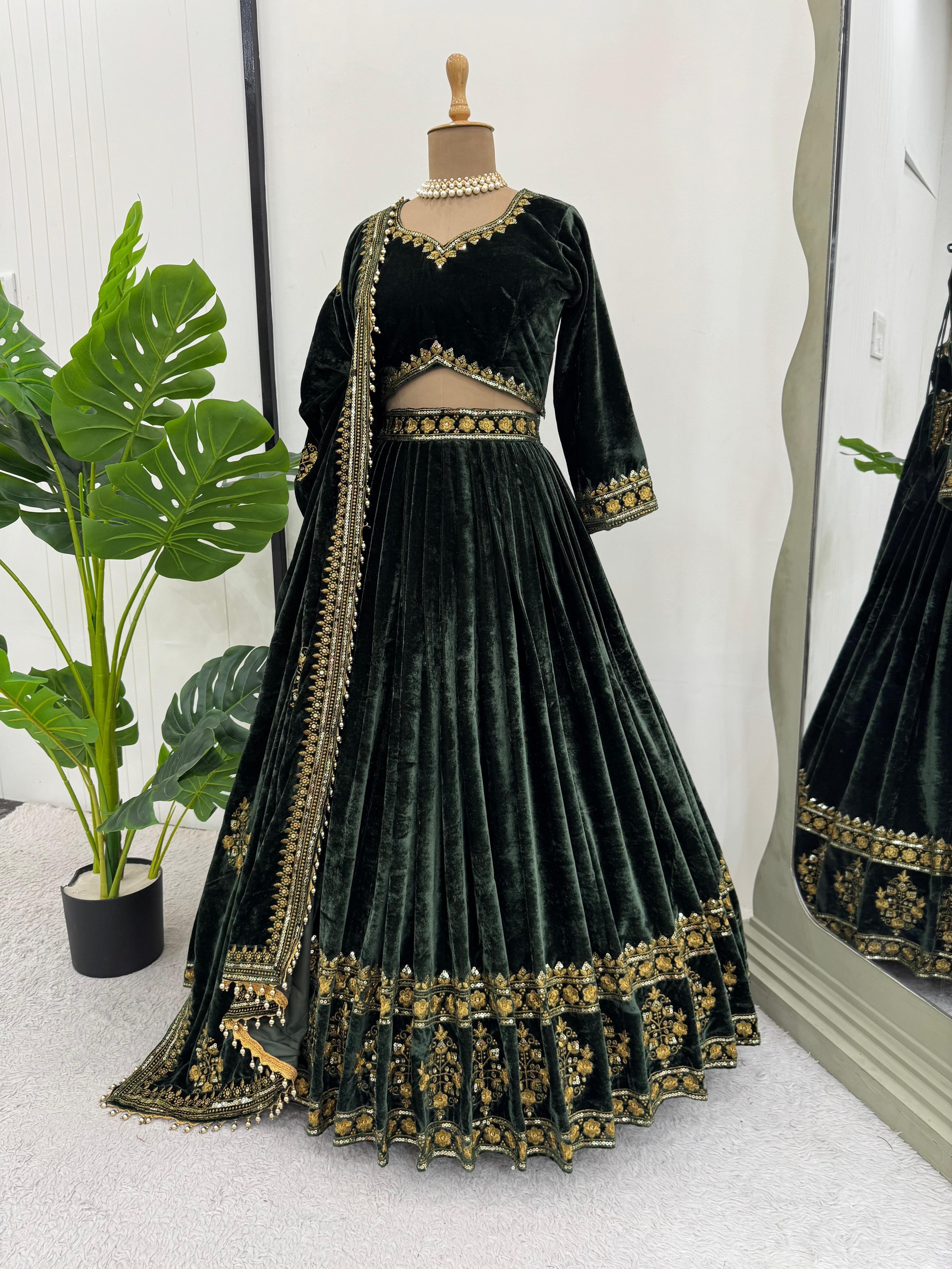 Dark Green Viscos Velvet Lehenga Choli for Women – Elegant Ethnic Outfit for Weddings and Celebrations