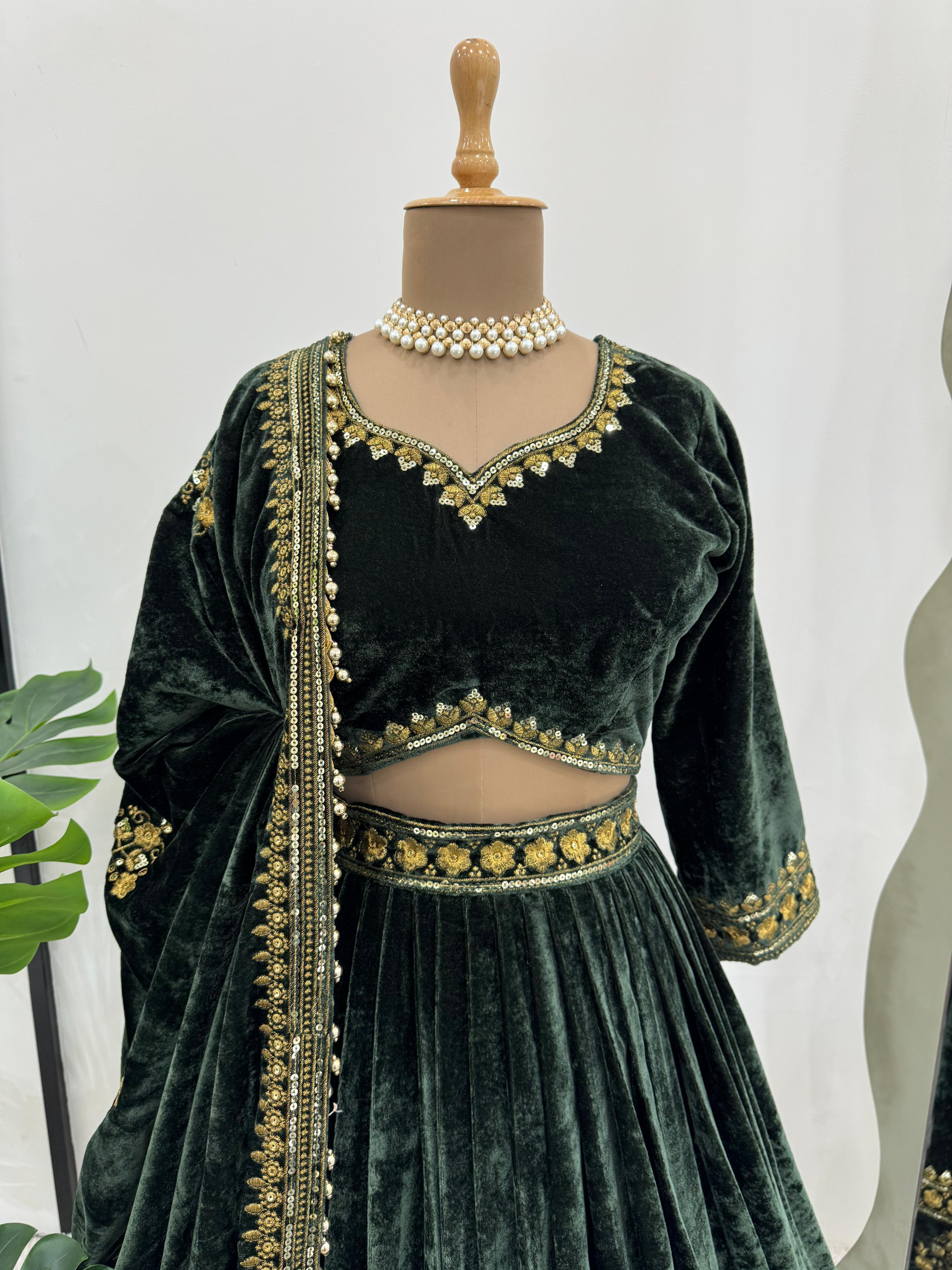 Dark Green Viscos Velvet Lehenga Choli for Women – Elegant Ethnic Outfit for Weddings and Celebrations