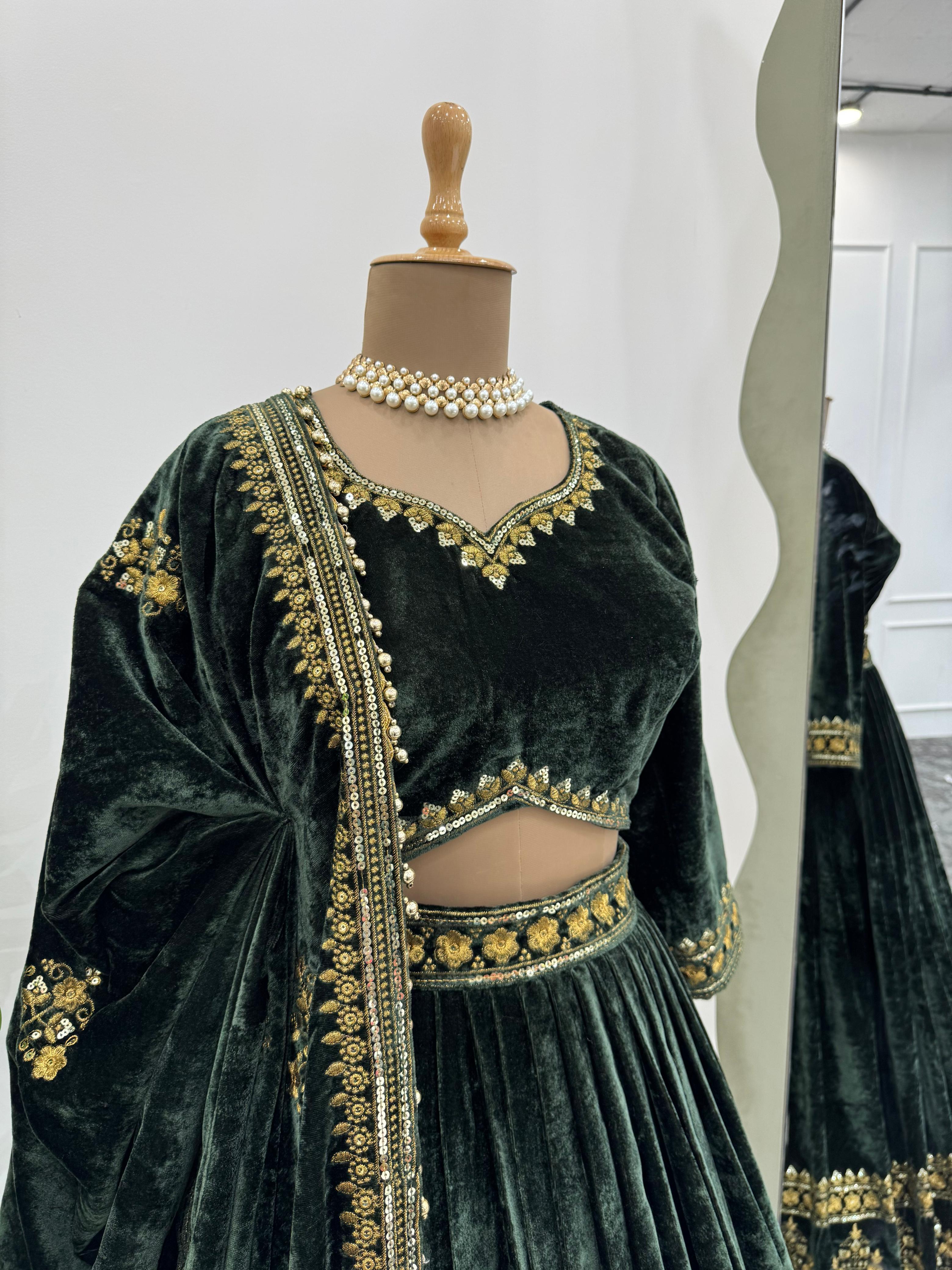 Dark Green Viscos Velvet Lehenga Choli for Women – Elegant Ethnic Outfit for Weddings and Celebrations