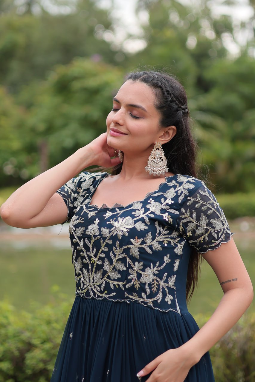 Elegant Navy Color Long Gown with Embroidery