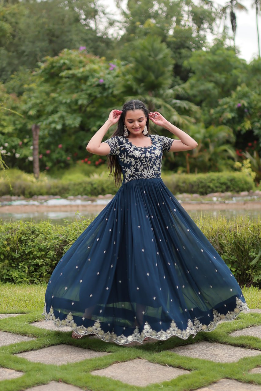 Elegant Navy Color Long Gown with Embroidery