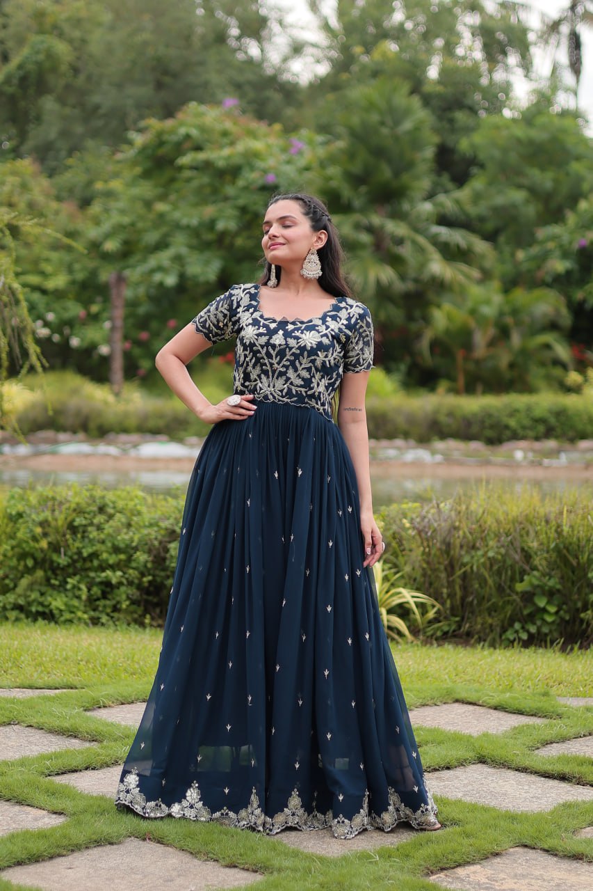 Elegant Navy Color Long Gown with Embroidery
