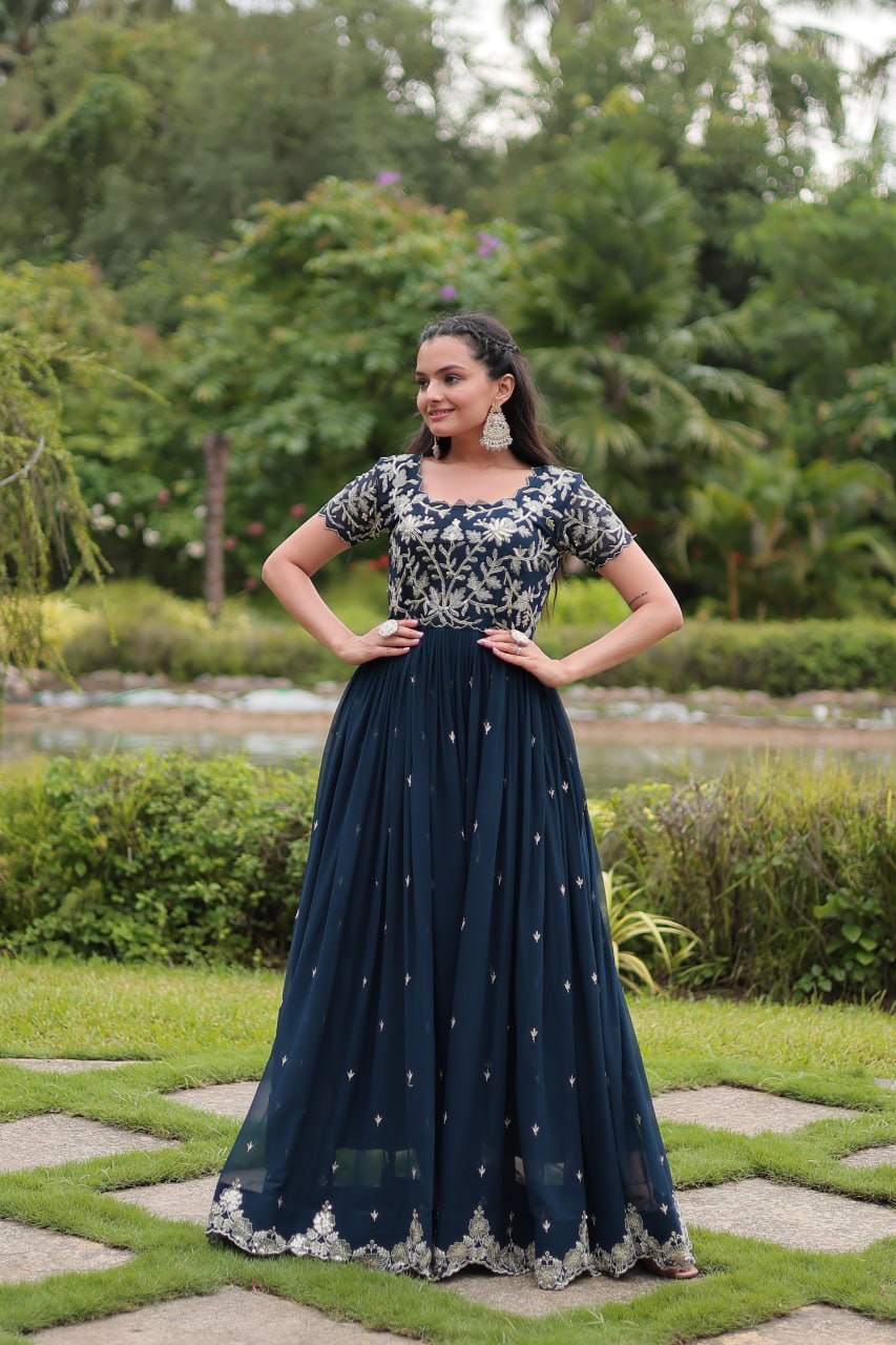 Elegant Navy Color Long Gown with Embroidery