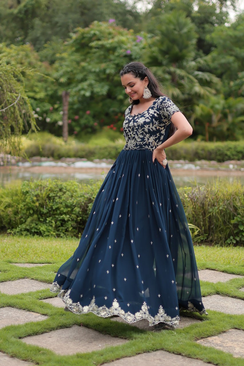Elegant Navy Color Long Gown with Embroidery