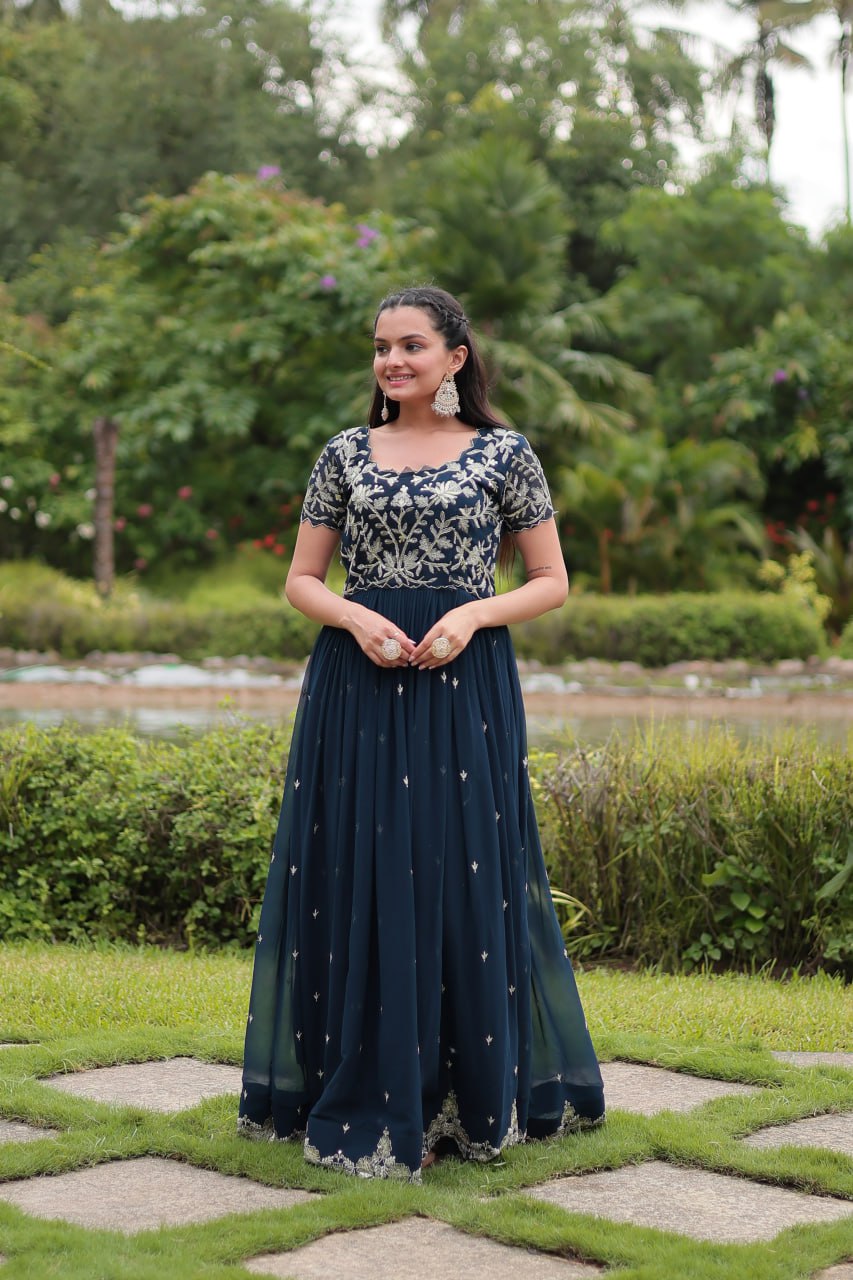 Elegant Navy Color Long Gown with Embroidery